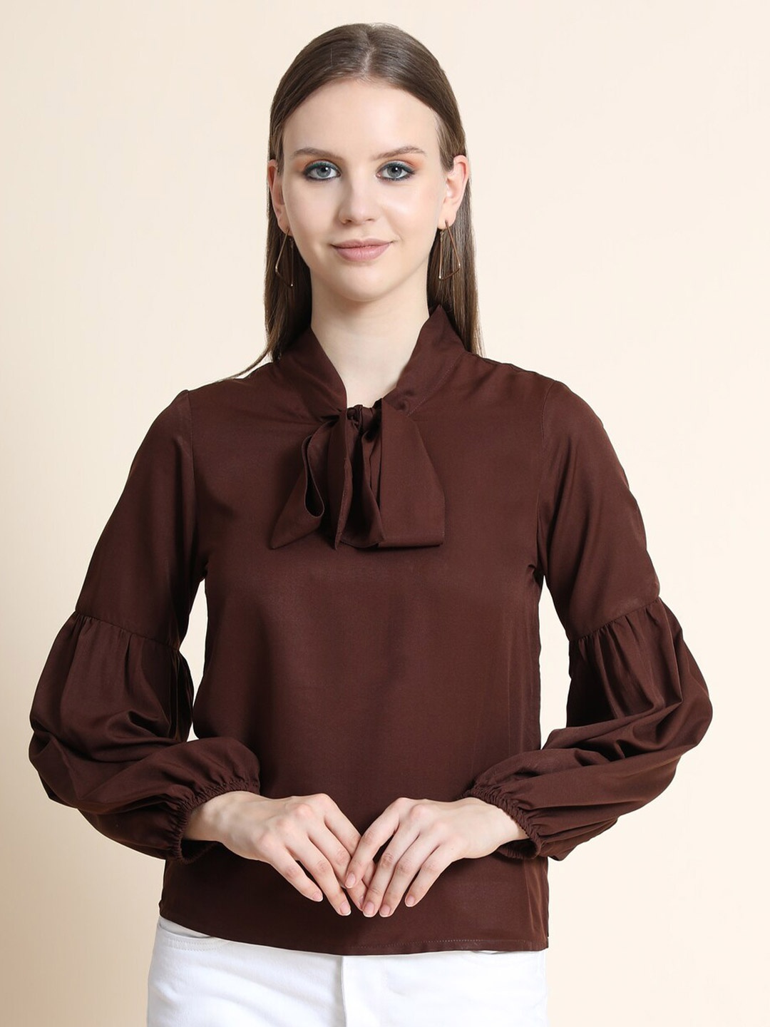 

Rediscover Fashion Coffee Brown Crepe Tie-Up Neck Bishop Sleeves Top