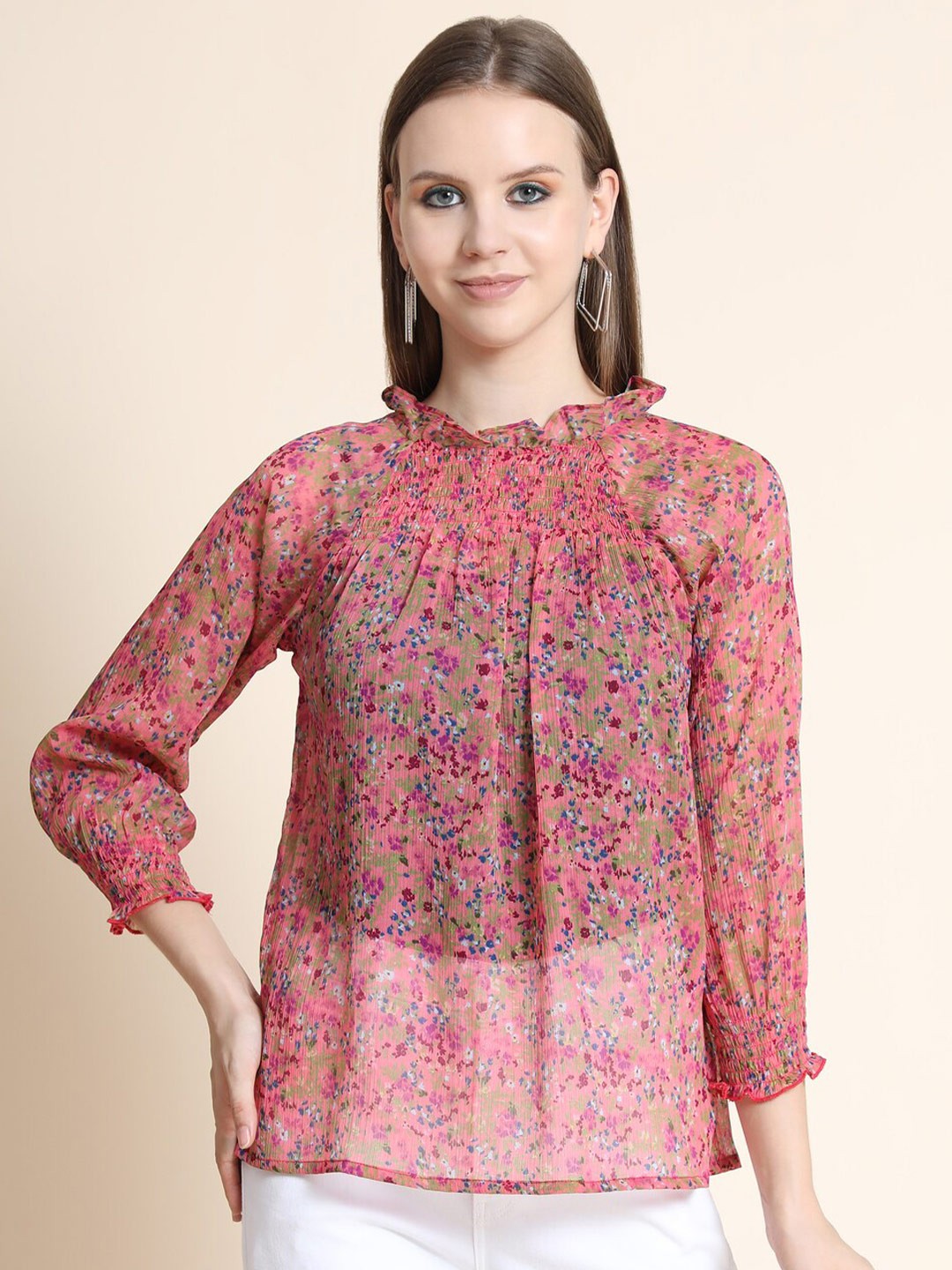 

Rediscover Fashion Pink Floral Print Smocking Georgette Top