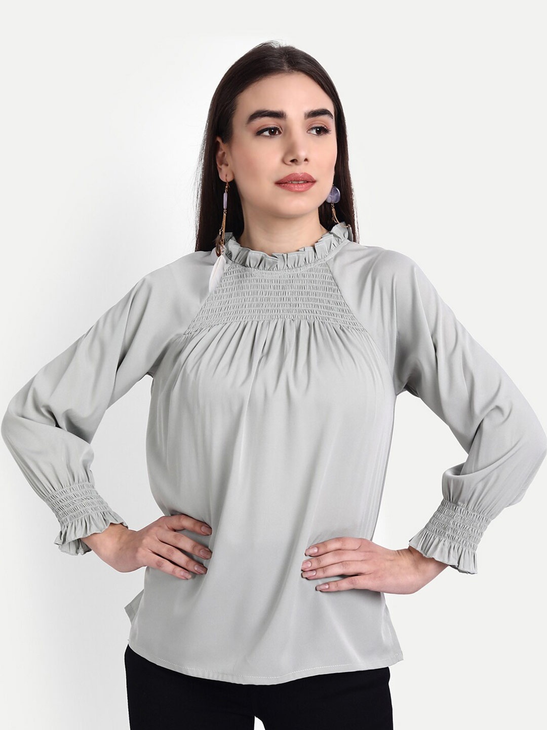 

Rediscover Women Fashion Grey Bishop Sleeves Smocking Crepe Top