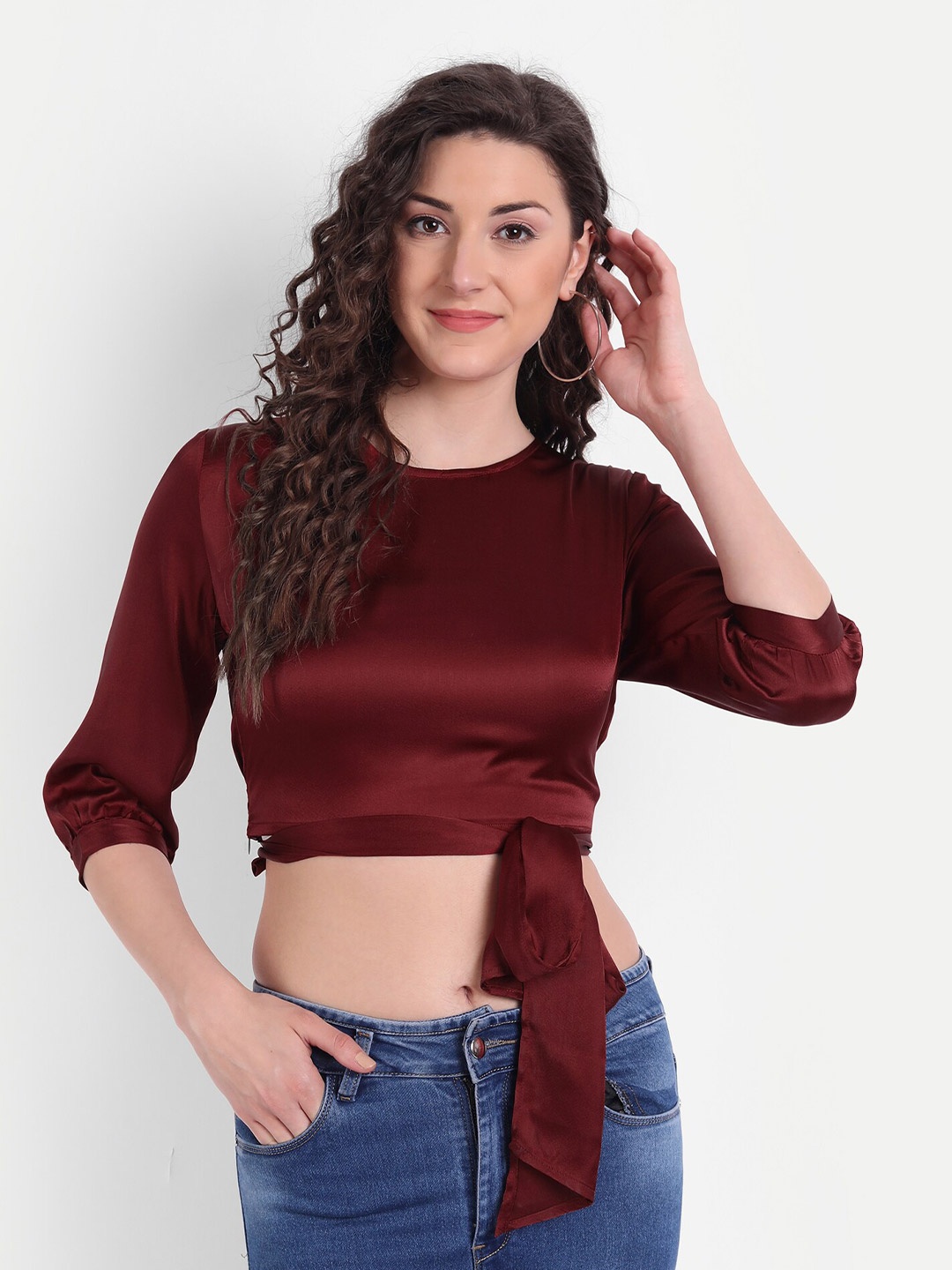 

Rediscover Fashion Maroon Satin Waist Tie Up Top