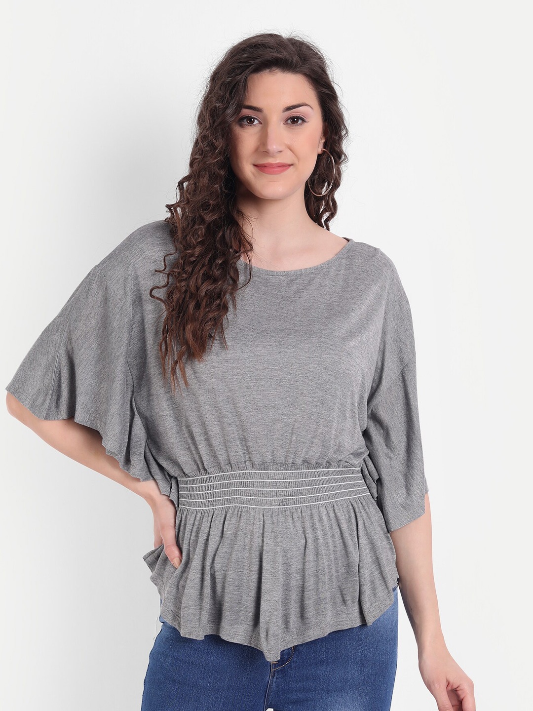 

Rediscover Fashion Grey Melange Batwing Sleeves Cinched Waist Jersey Top