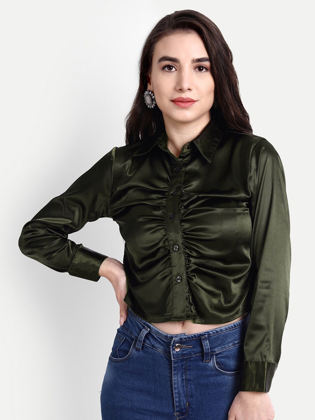 

Rediscover Fashion Women Green Satin Gathered Party shirt Style Top