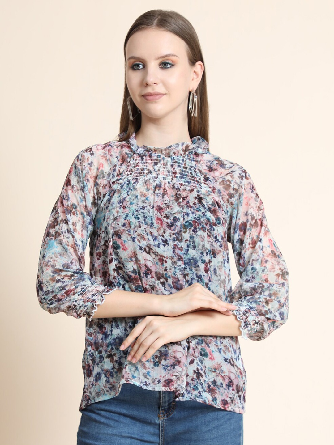 

Rediscover Fashion Women Blue & Brown Floral Print Smocking Georgette Top, Multi