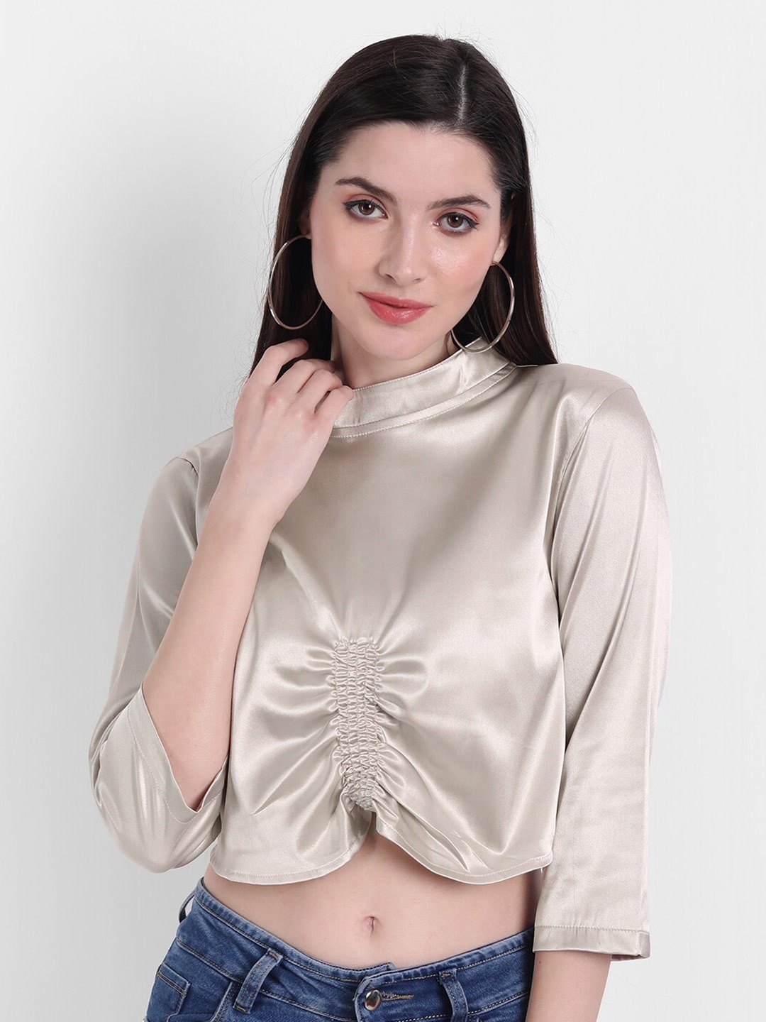 

Rediscover Fashion Women Silver-Toned Satin Front Smocking Stretchable Top