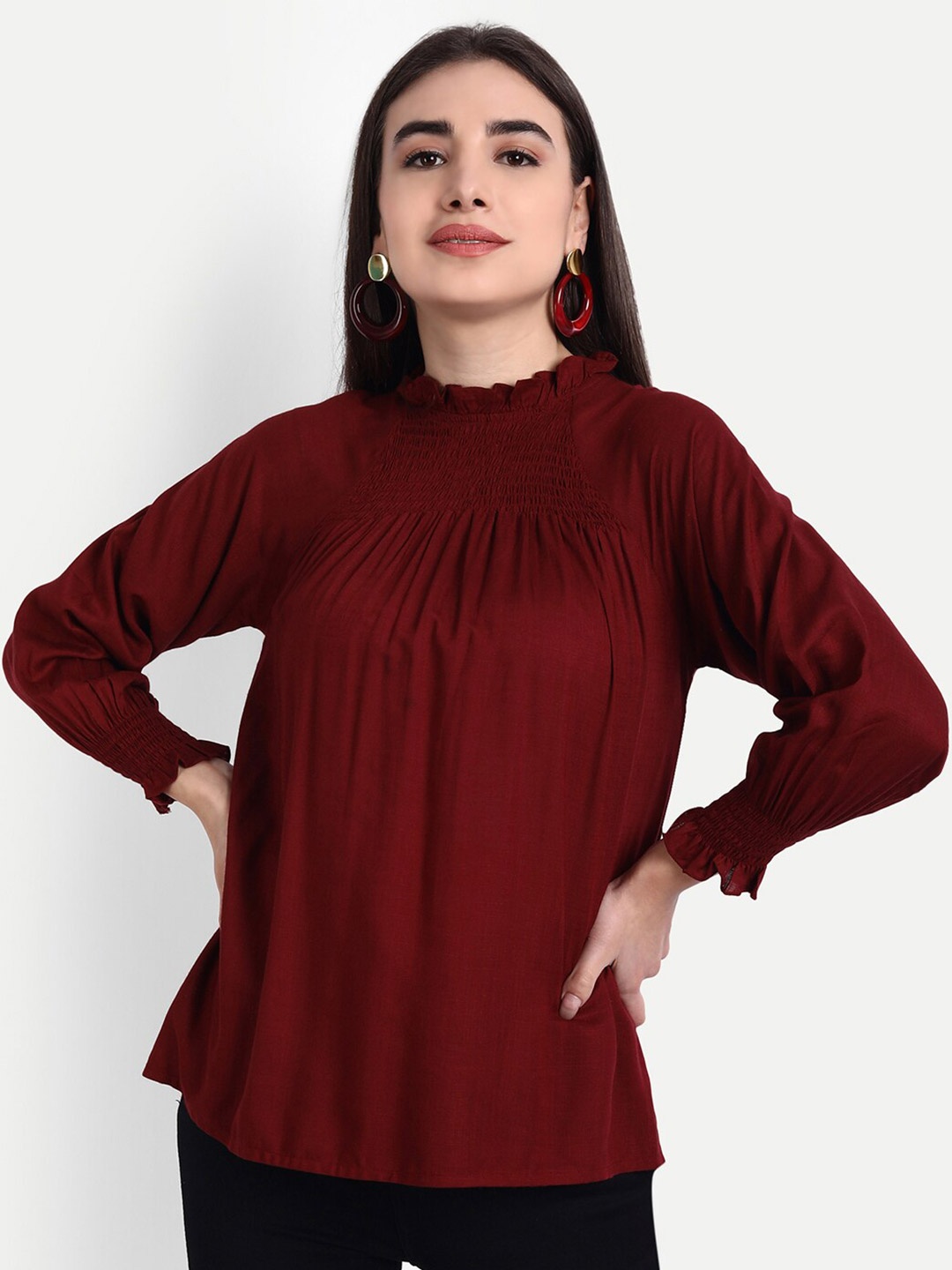 

Rediscover Fashion Women Maroon Smocking crepe Top