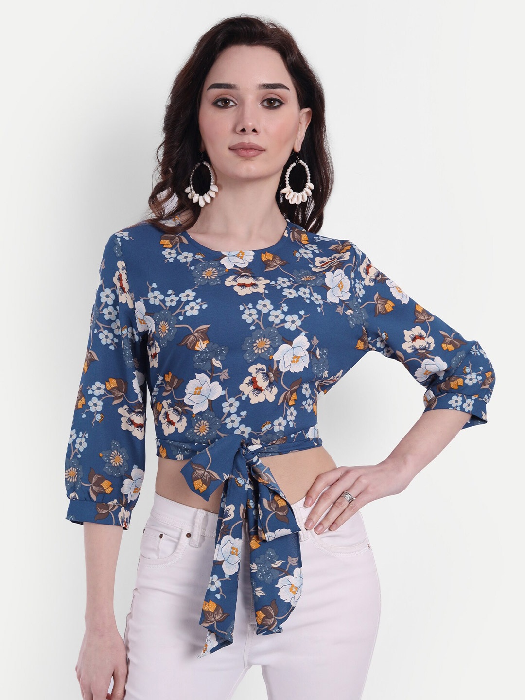 

Rediscover Fashion Navy Blue Floral Crepe Waist Tie Up Top