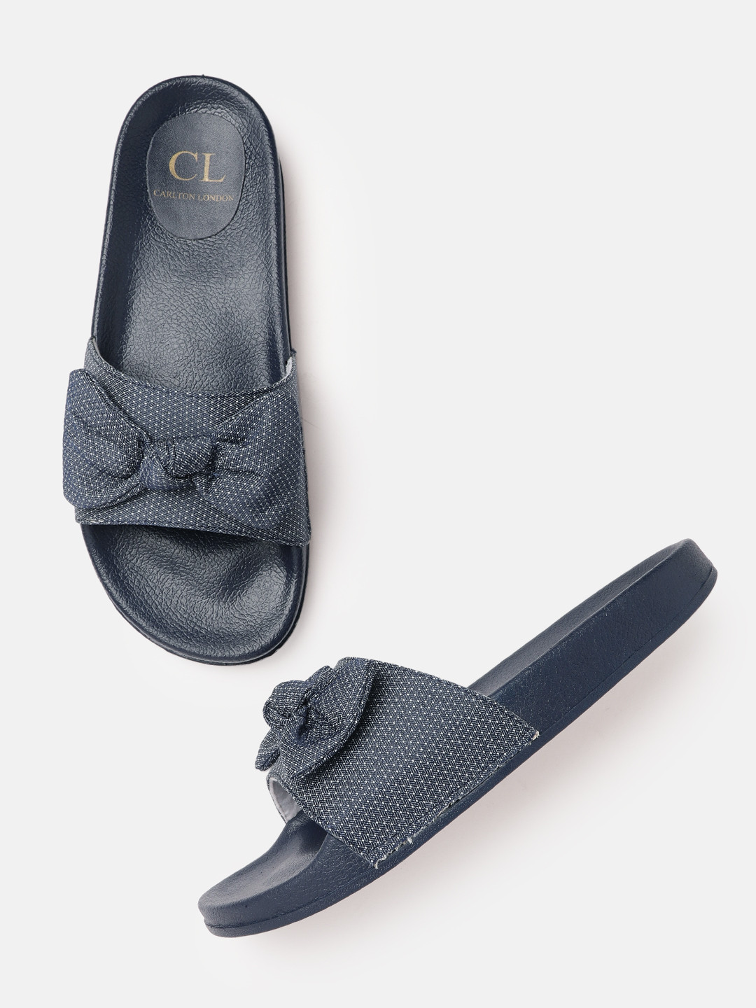 

Carlton London Women Navy Blue & White Woven Design Open Toe Flats with Bows