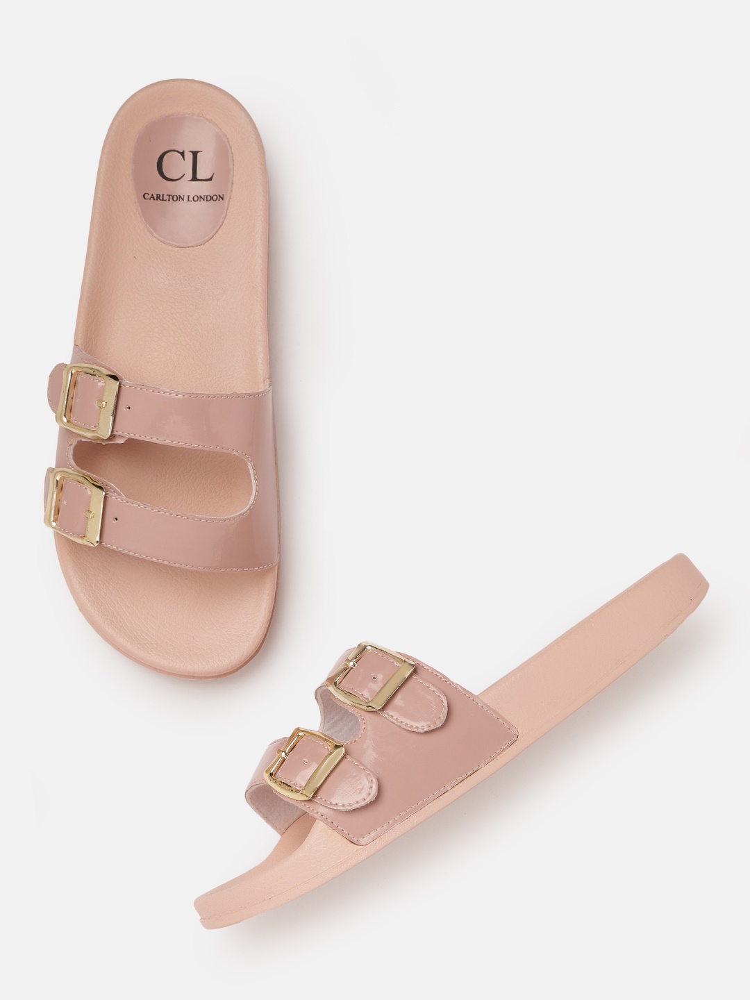 

Carlton London Women Peach-Coloured Glossy Finish Open Toe Flats with Buckles & Cut-Out