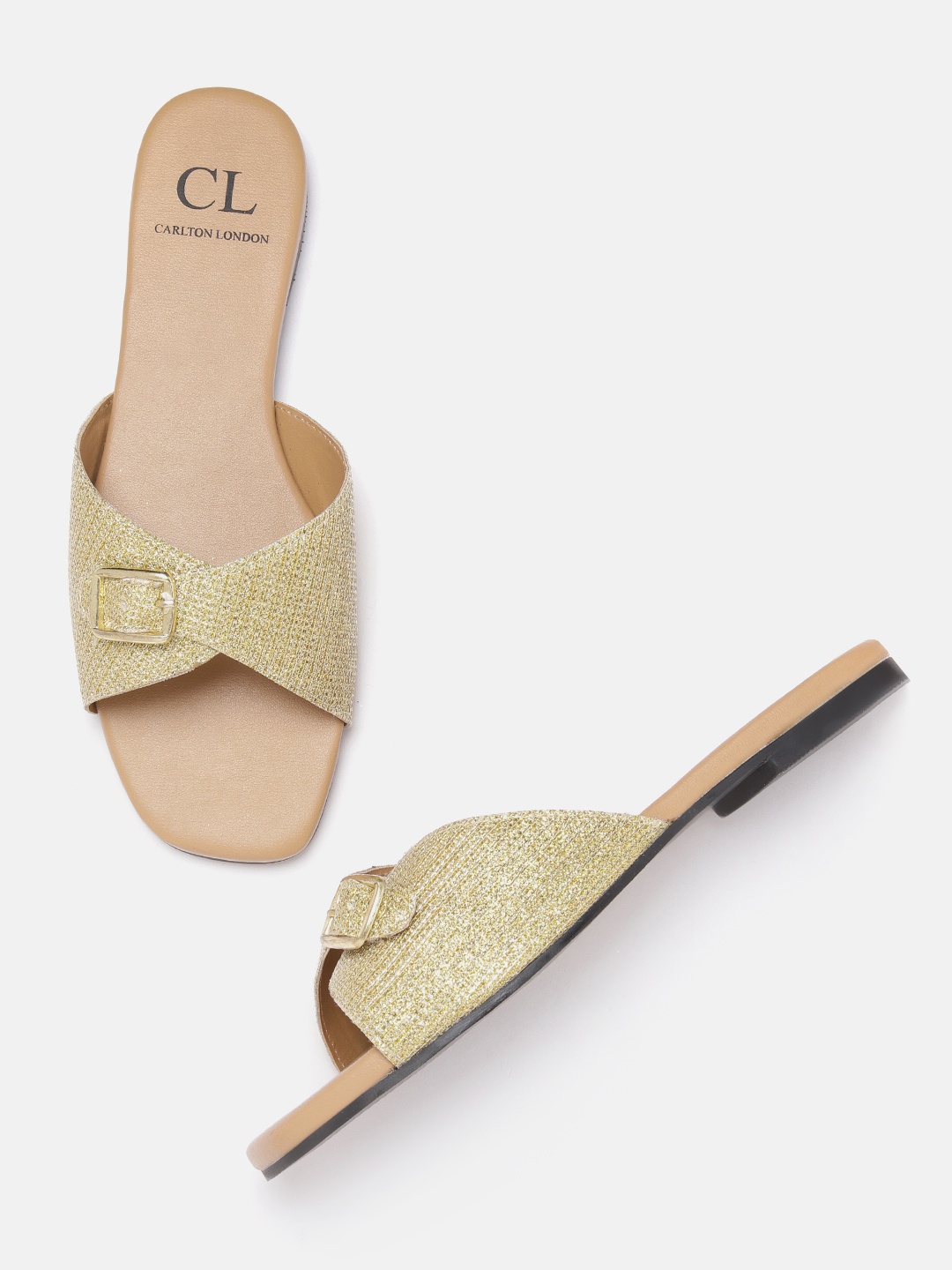 

Carlton London Women Gold-Toned Shimmer Open Toe Flats with Buckles