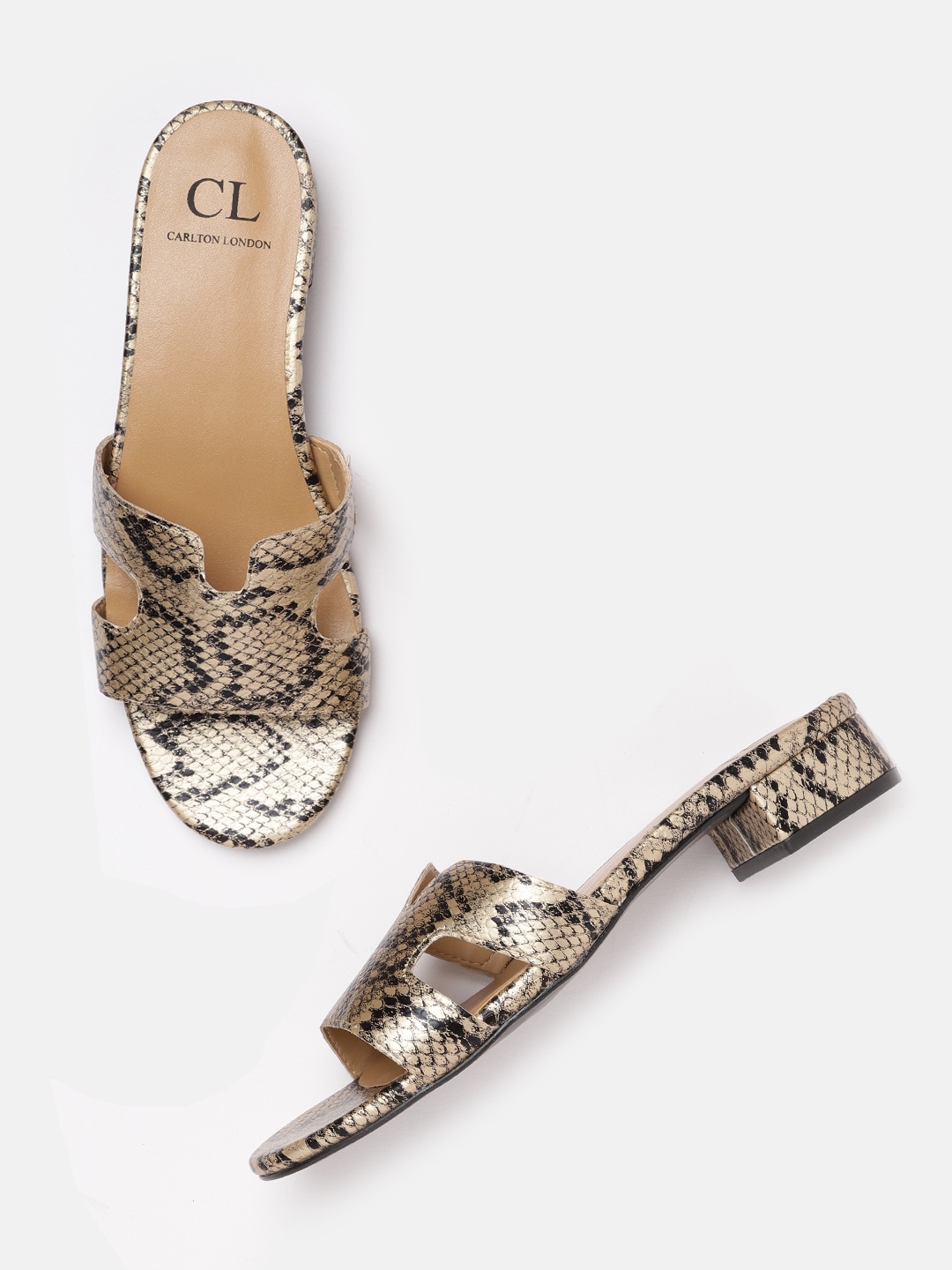 

Carlton London Women Gold-Toned & Black Snakeskin Print Open Toe Flats