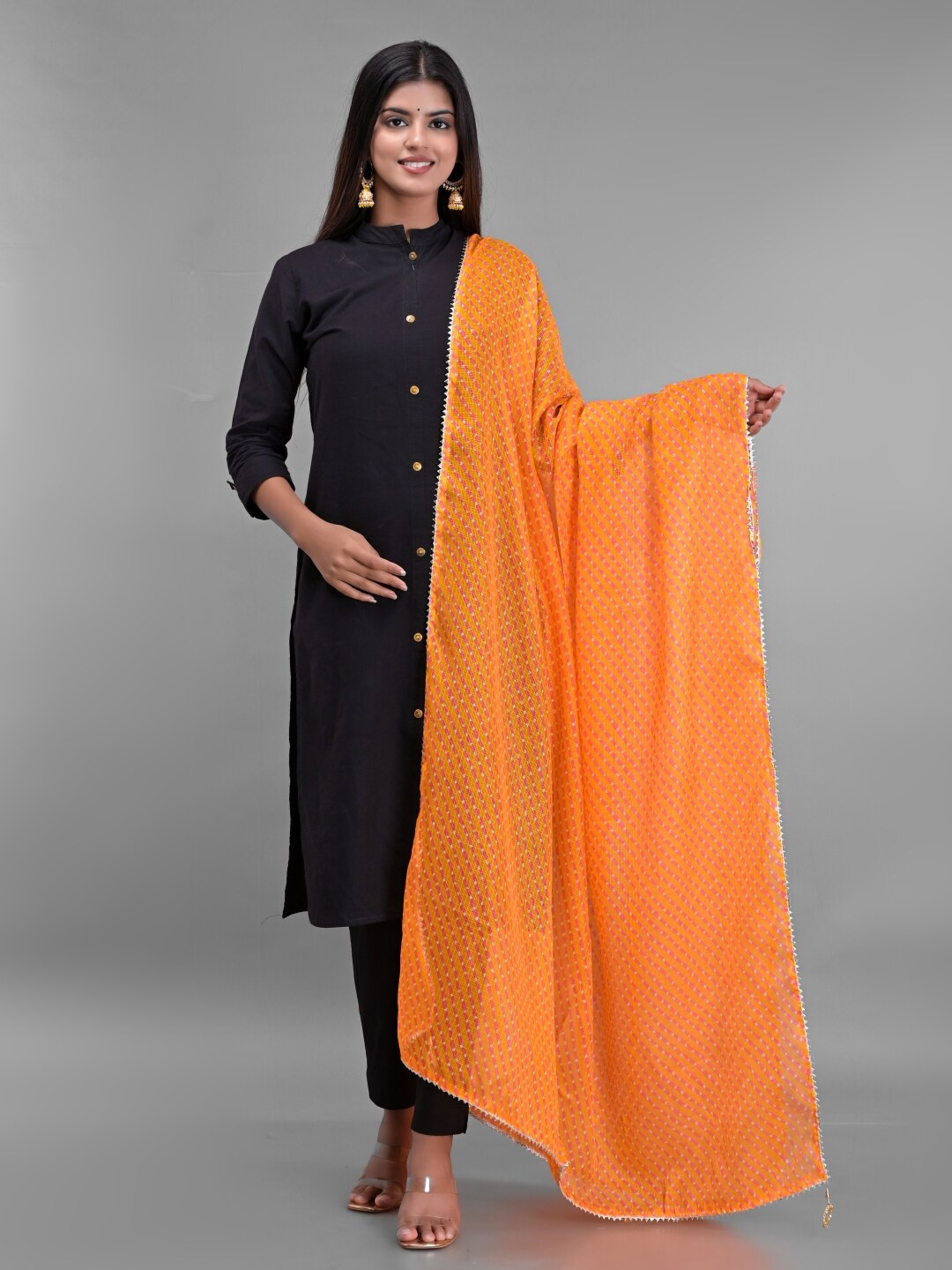 

Apratim Orange & Pink Printed Leheriya Dupatta