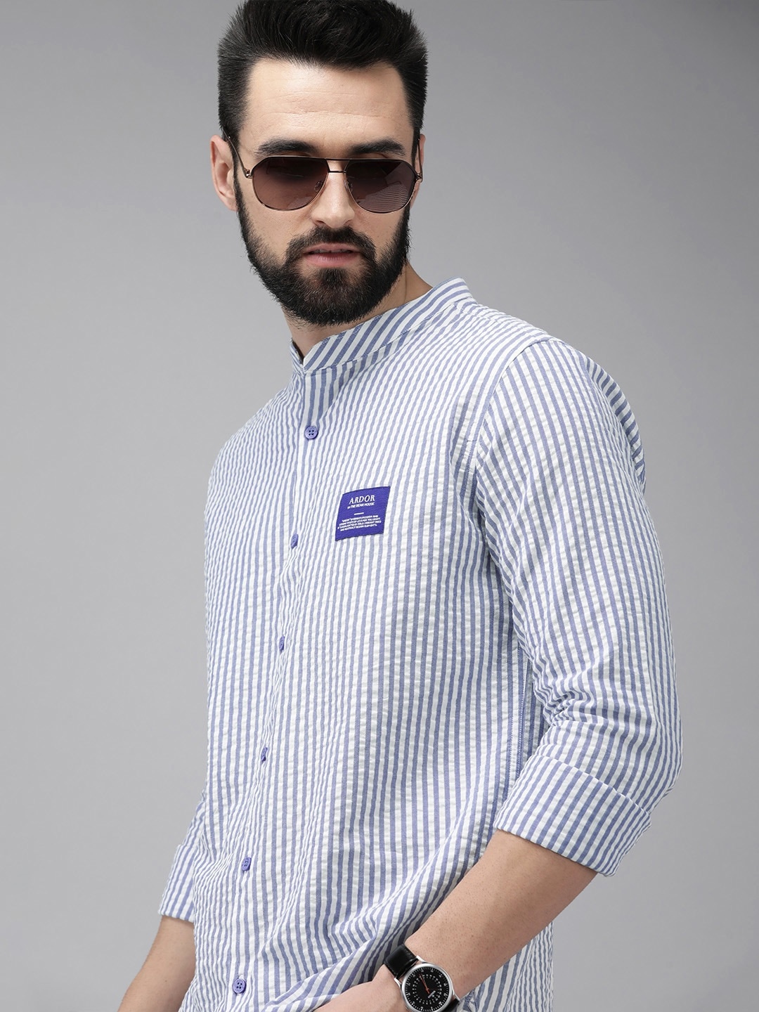 

THE BEAR HOUSE Ardor Edition Men White Slim Fit Striped Cotton Seersucker Shirt
