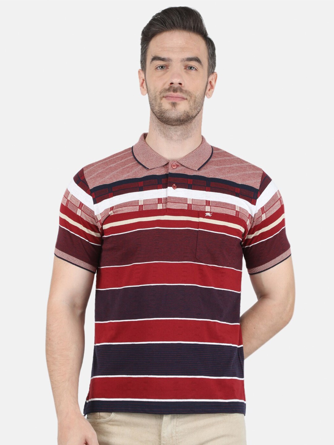 

Monte Carlo Men Maroon & Navy Blue Striped Polo Collar T-shirt
