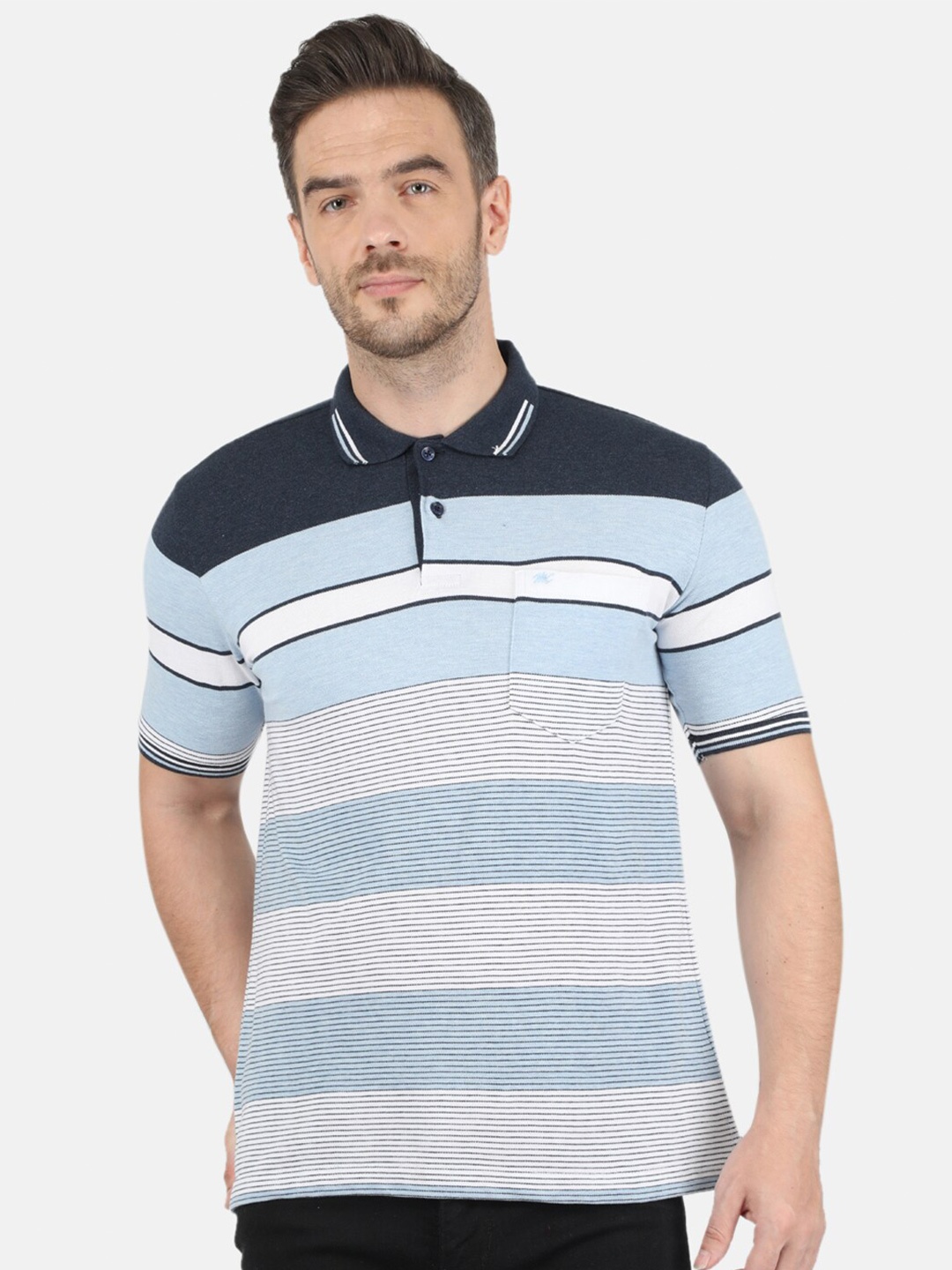 

Monte Carlo Men Blue Striped Polo Collar T-shirt