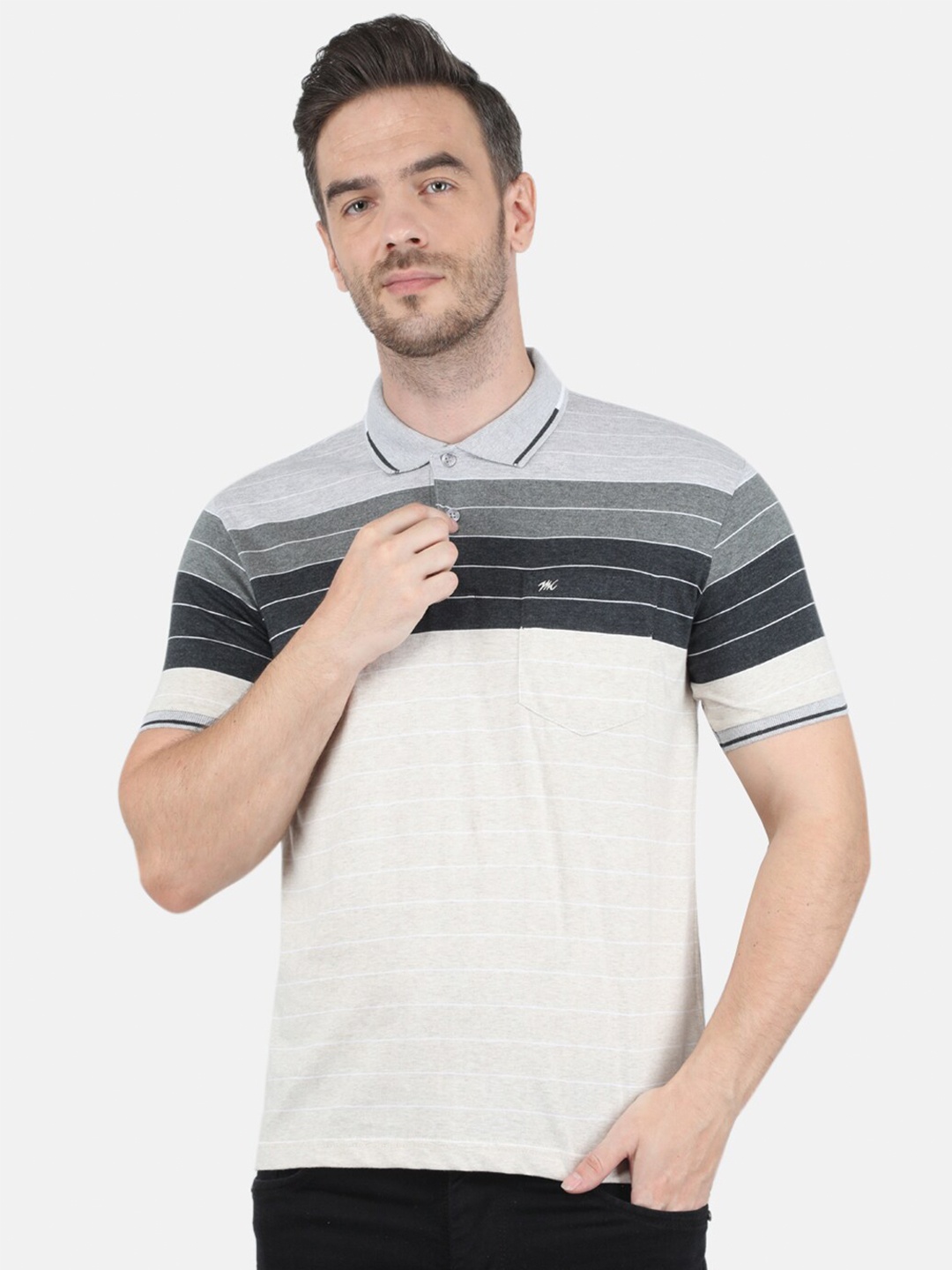 

Monte Carlo Men Grey Striped Polo Collar T-shirt