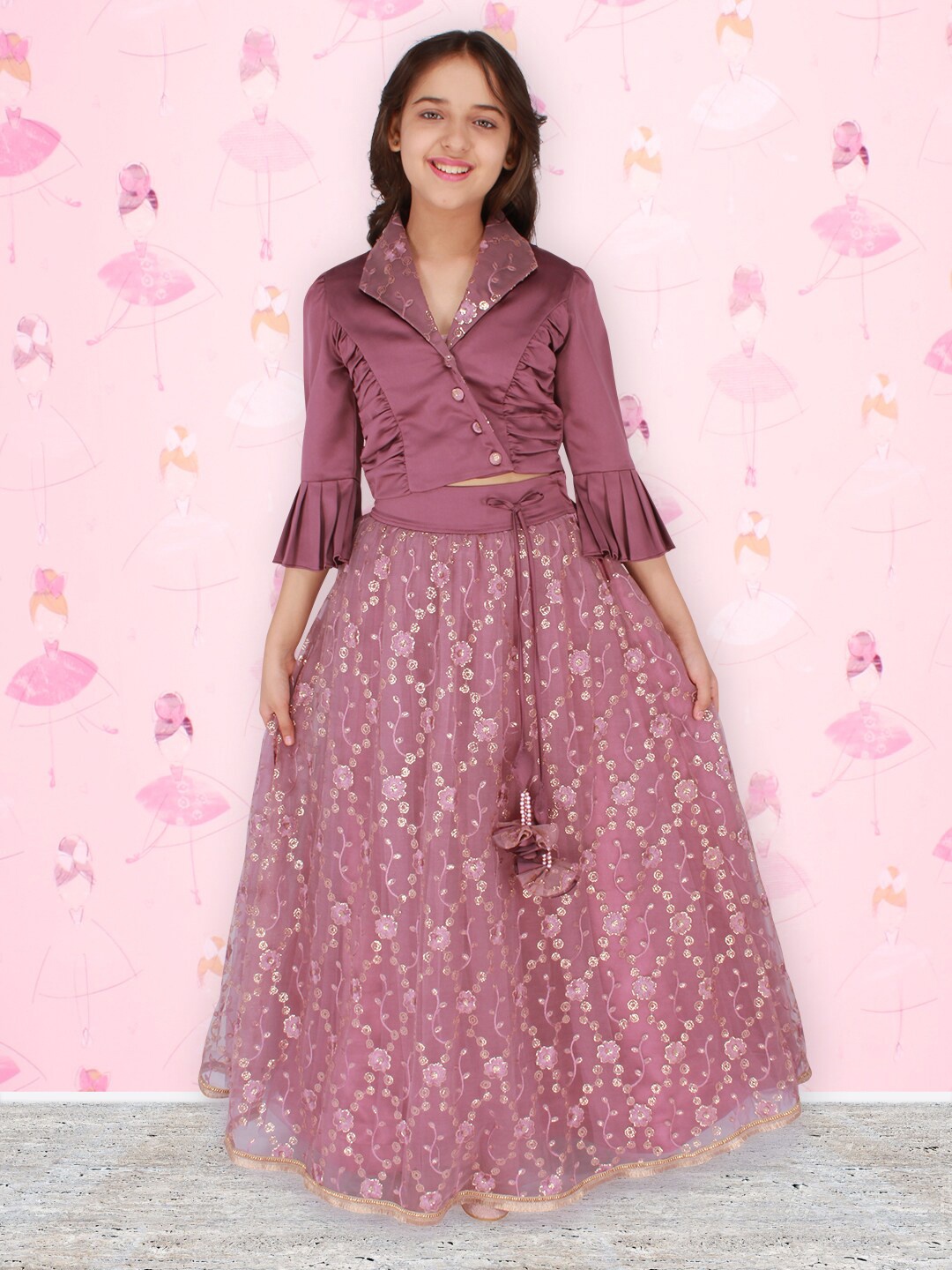 

CUTECUMBER Girls Mauve Thread Work Ready to Wear Lehenga Choli