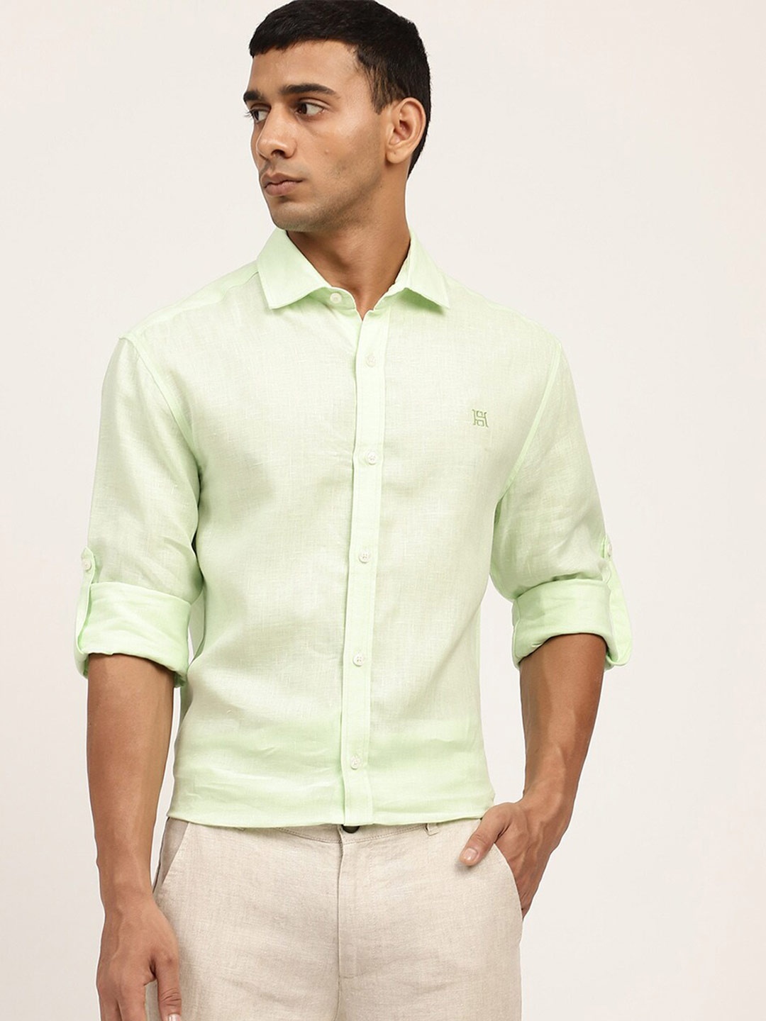 

HARSAM Men Lime Green Solid Linen Formal Shirt