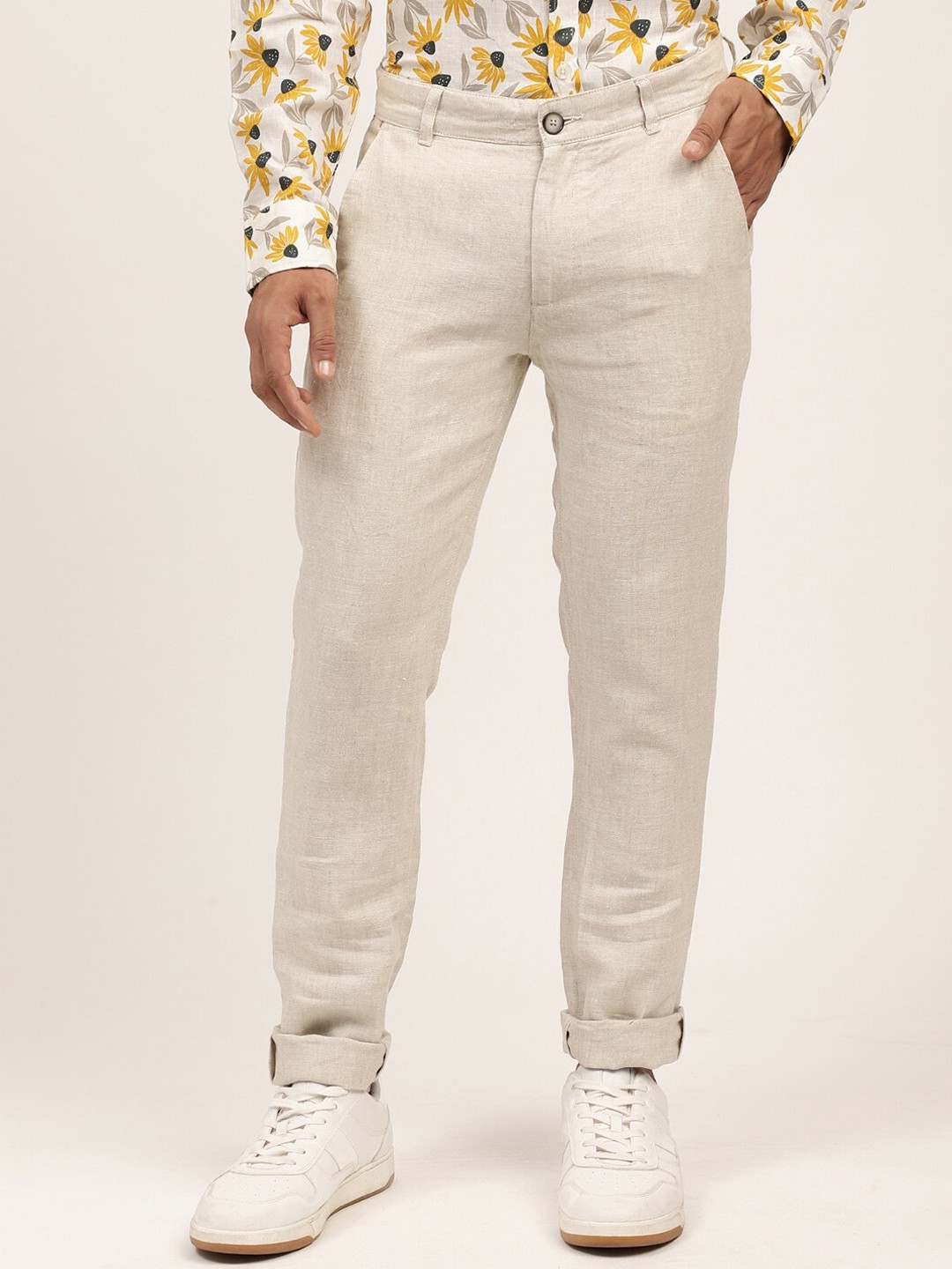 

HARSAM Men Beige Chinos Trousers