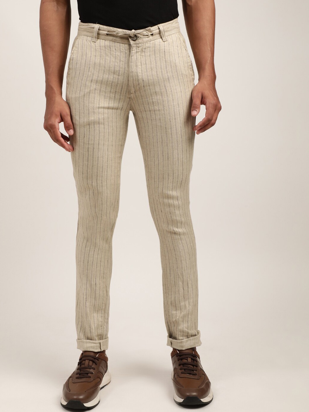 

HARSAM Men Beige Striped Trousers