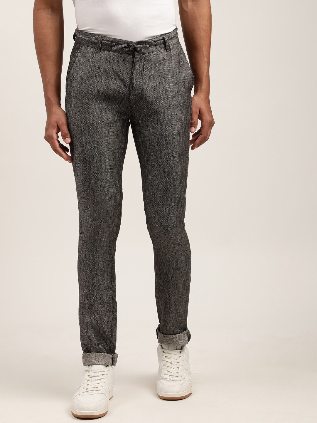 

HARSAM Men Charcoal Textured Linen Trousers