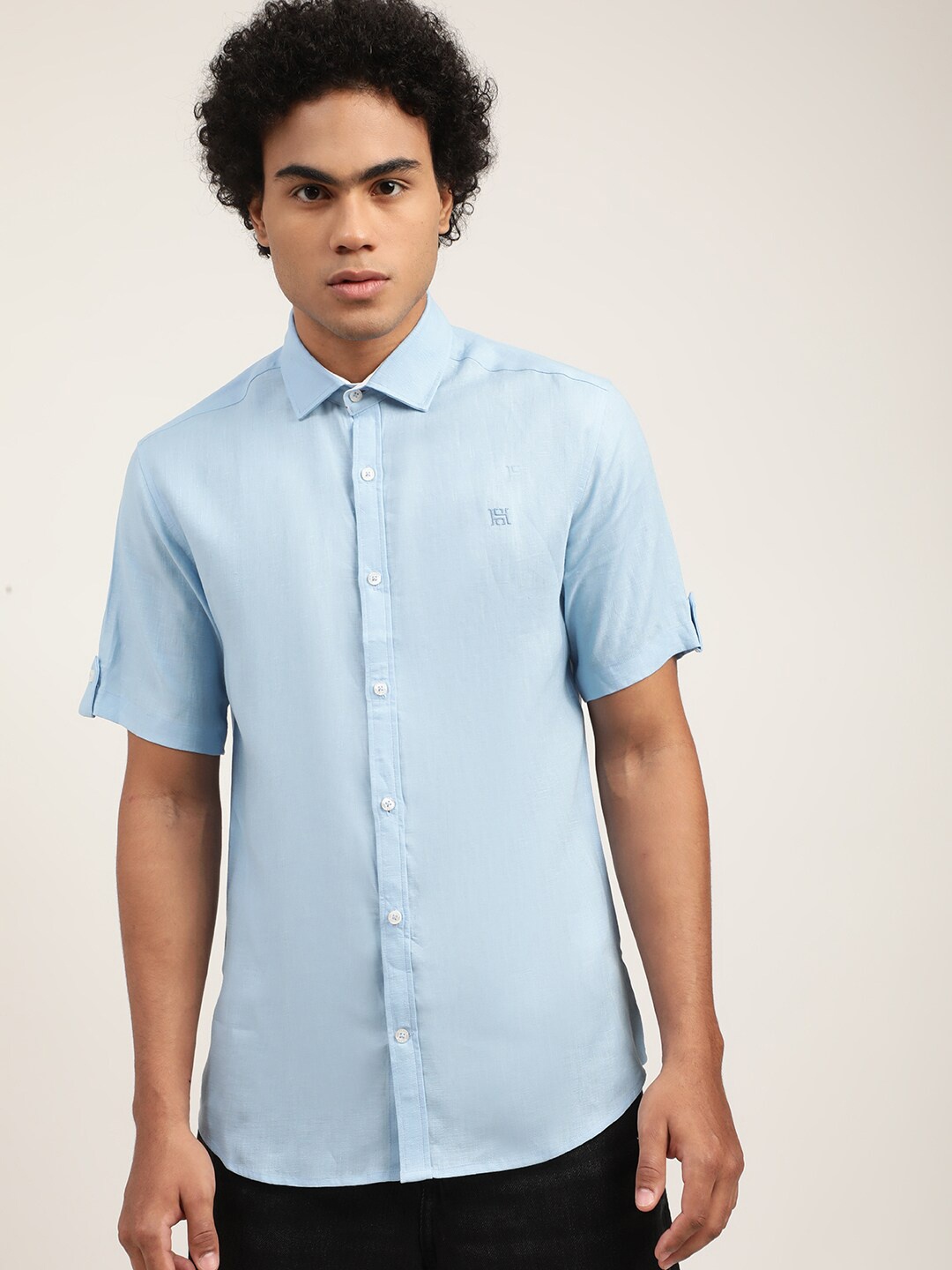 

HARSAM Men Blue Pure Linen Casual Shirt