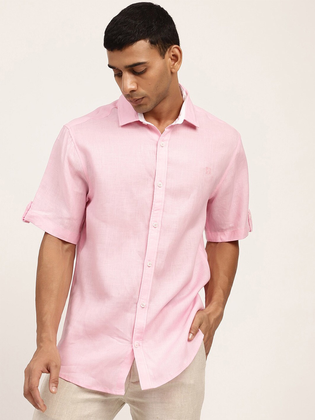 

HARSAM Men Pink Solid Linen Casual Shirt