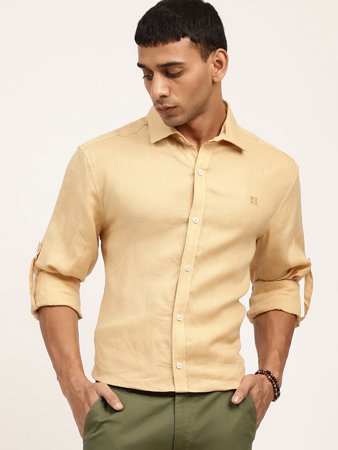 

HARSAM Men Khaki Solid Pure Linen Casual Shirt