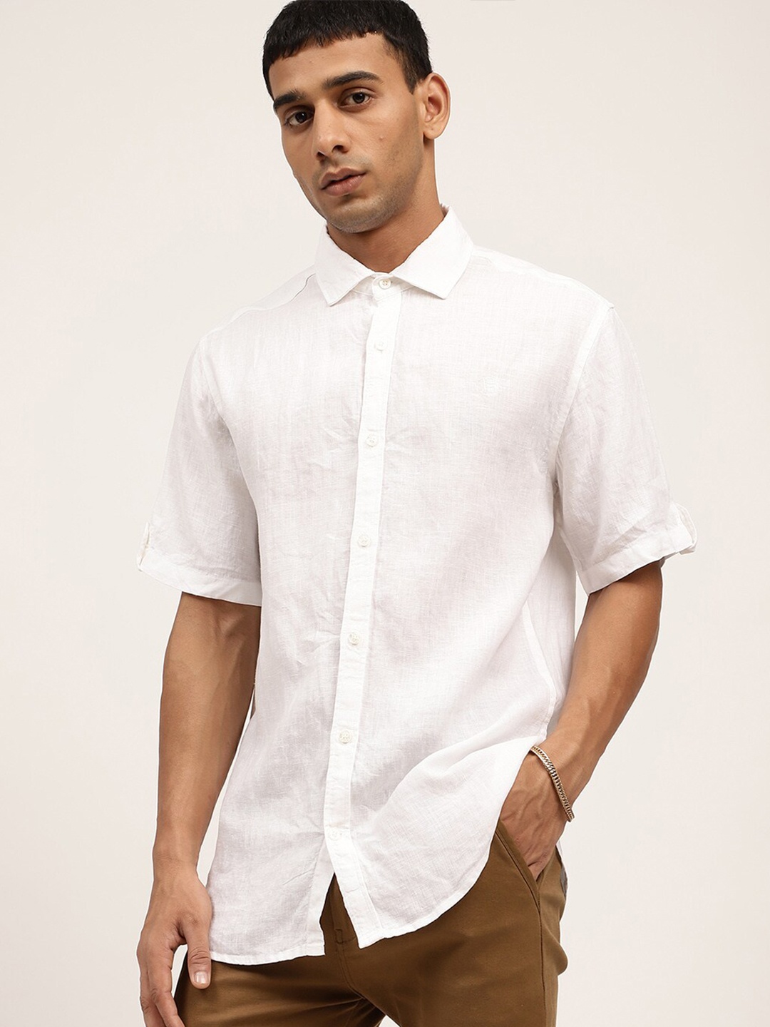 

HARSAM Men White Linen Casual Shirt