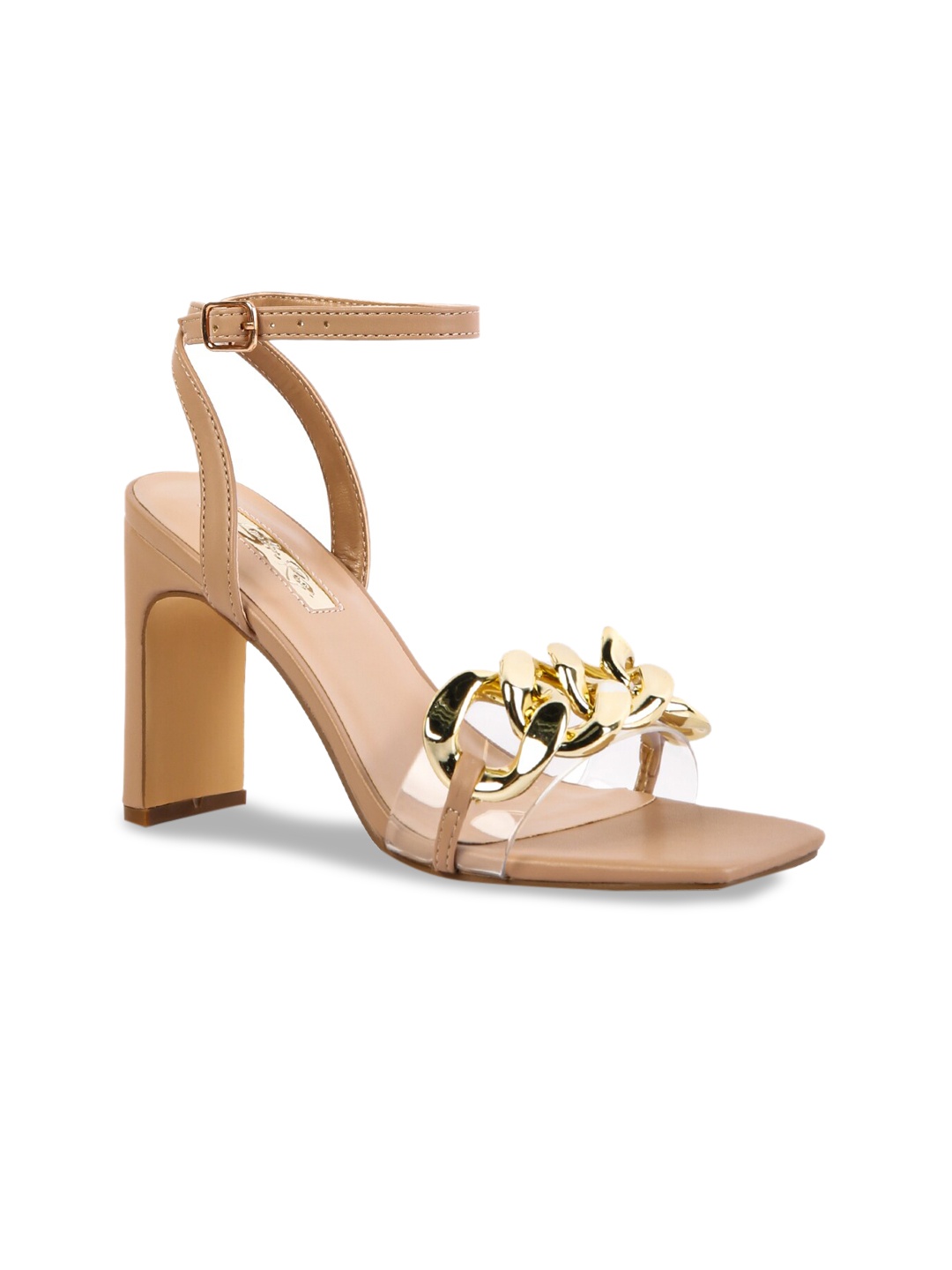 

London Rag Beige Textured PU Party Block Pumps With Buckles