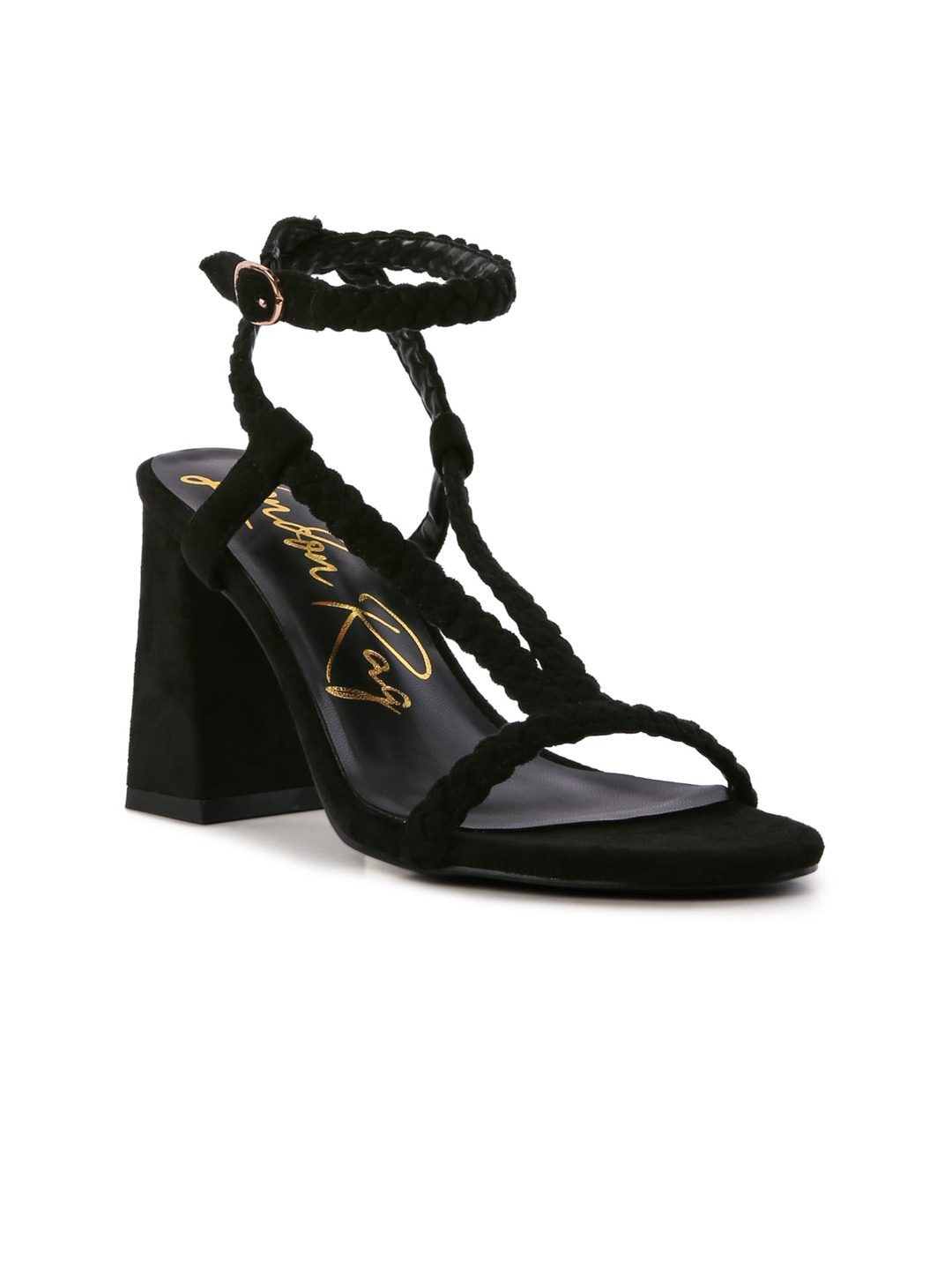 

London Rag Black Suede Party Block Sandals with Buckles