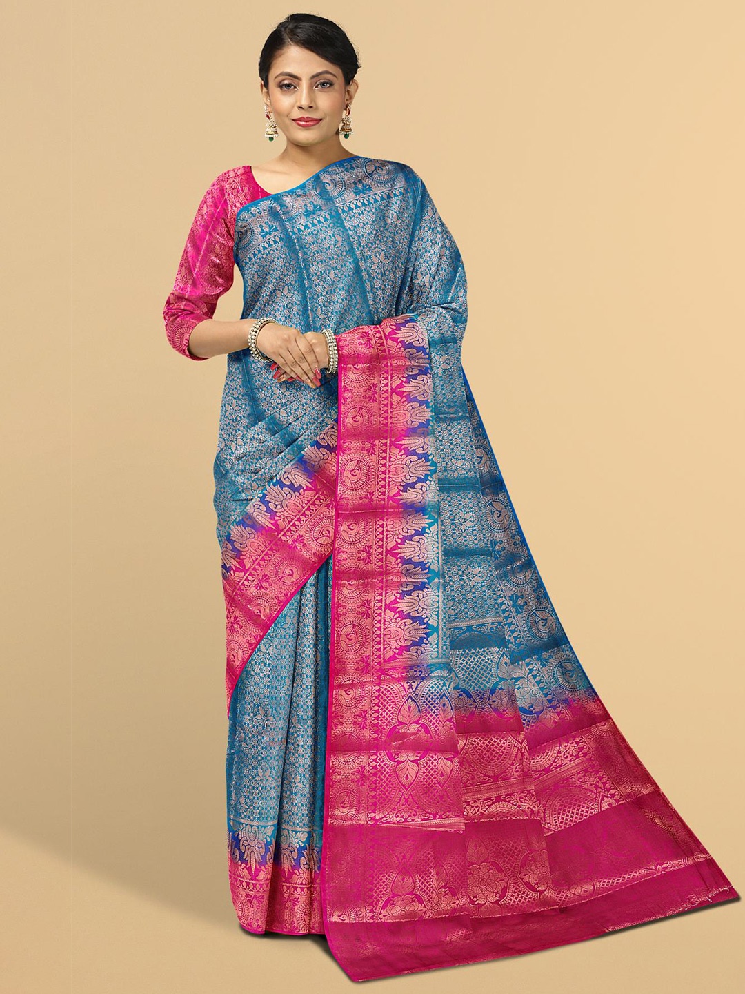 

Kalamandir Women Blue & Red Floral Zari Silk Blend Saree