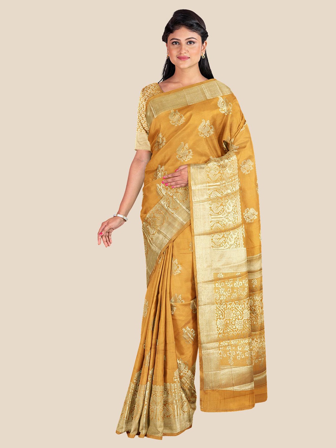 

Kalamandir Mustard & Gold-Toned Silk Blend Saree