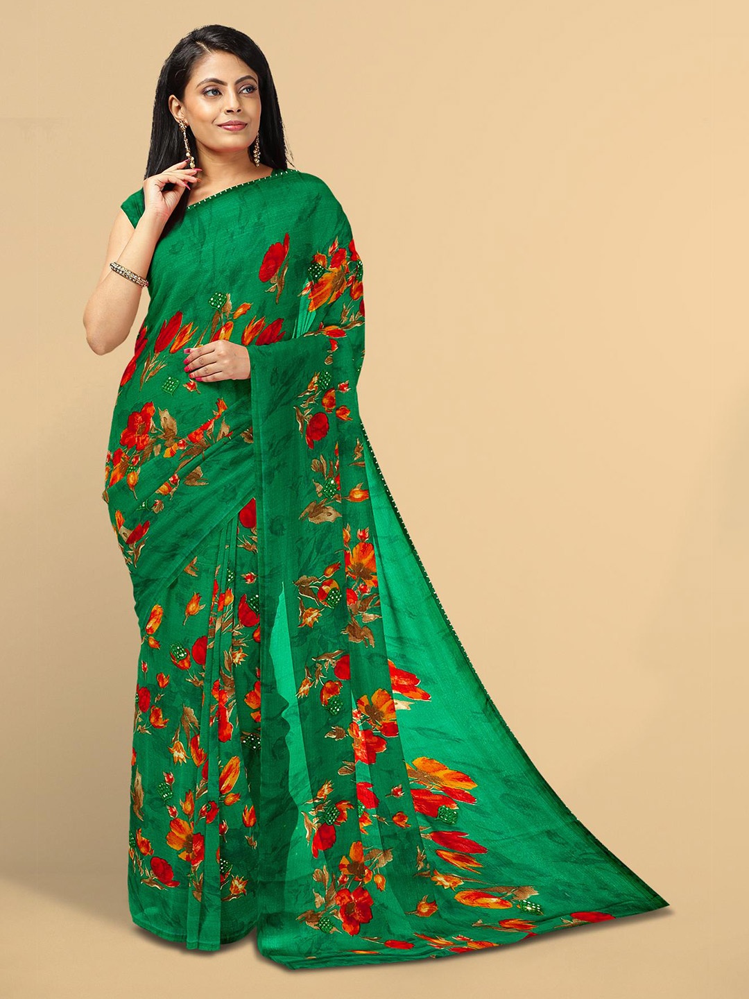 

Kalamandir Green & Red Floral Silk Blend Saree