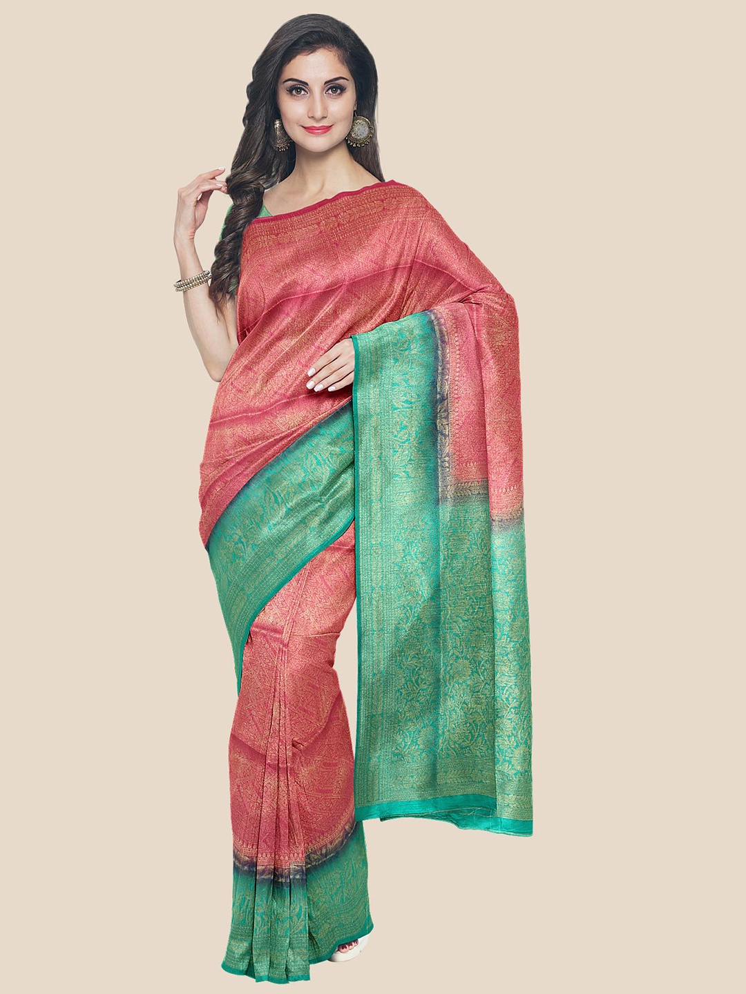 

Kalamandir Pink & Green Ethnic Motifs Silk Blend Saree