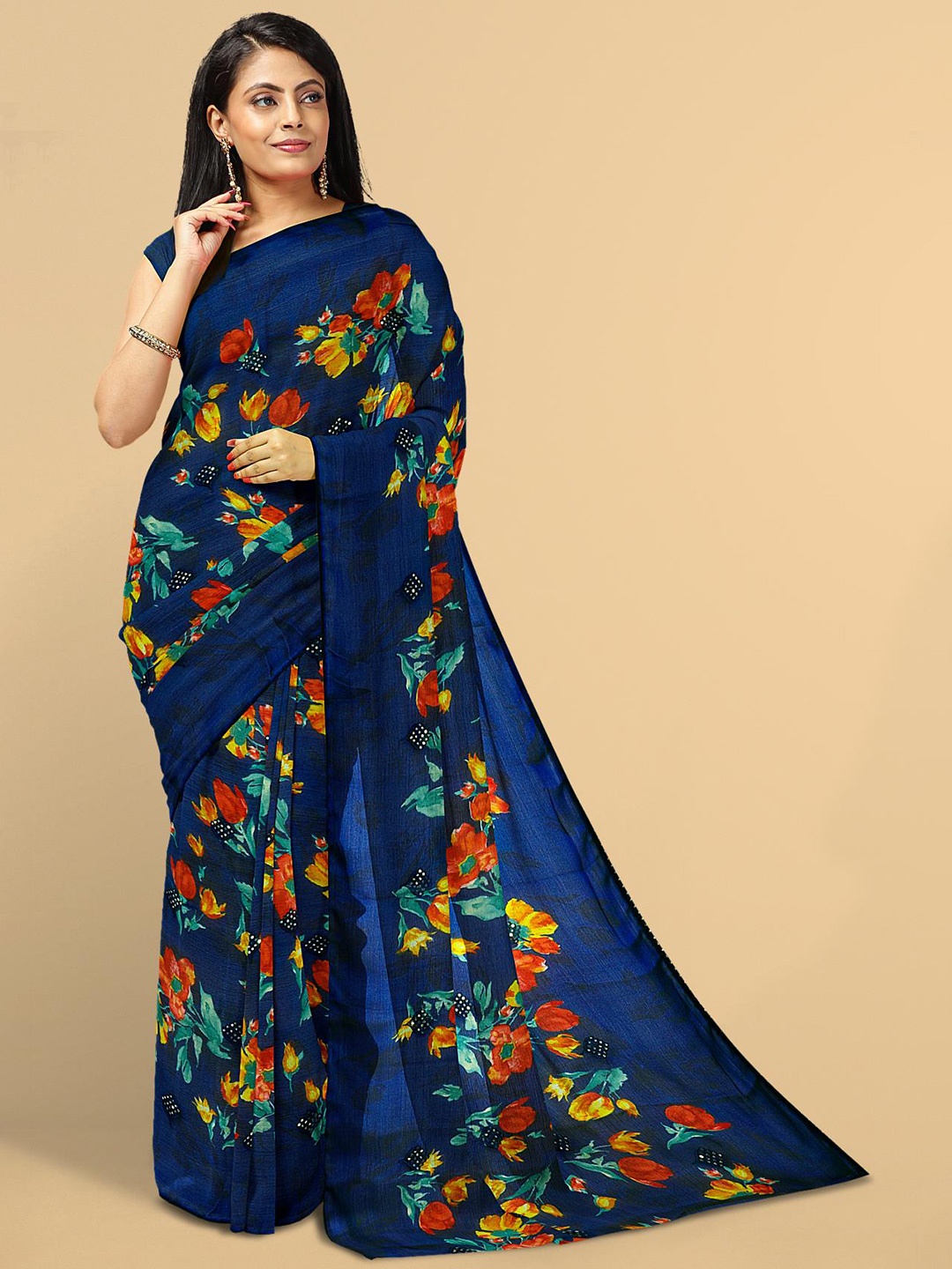 

Kalamandir Navy Blue & Red Floral Silk Blend Saree