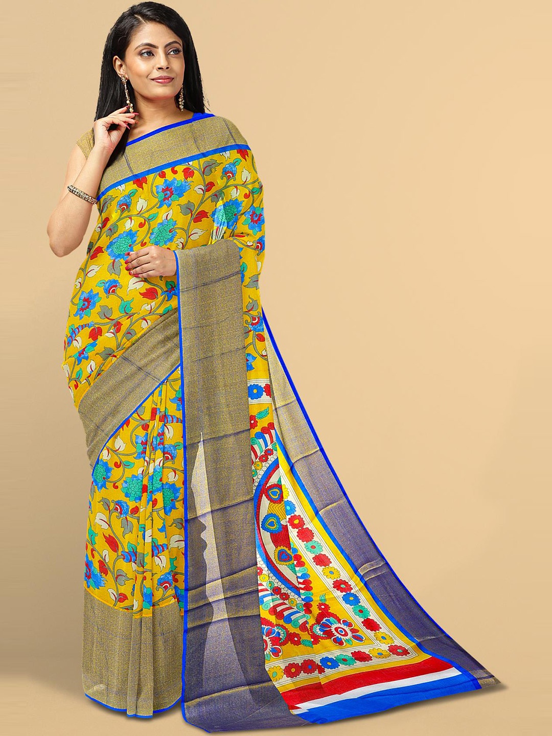 

Kalamandir Yellow & Blue Kalamkari Silk Blend Saree