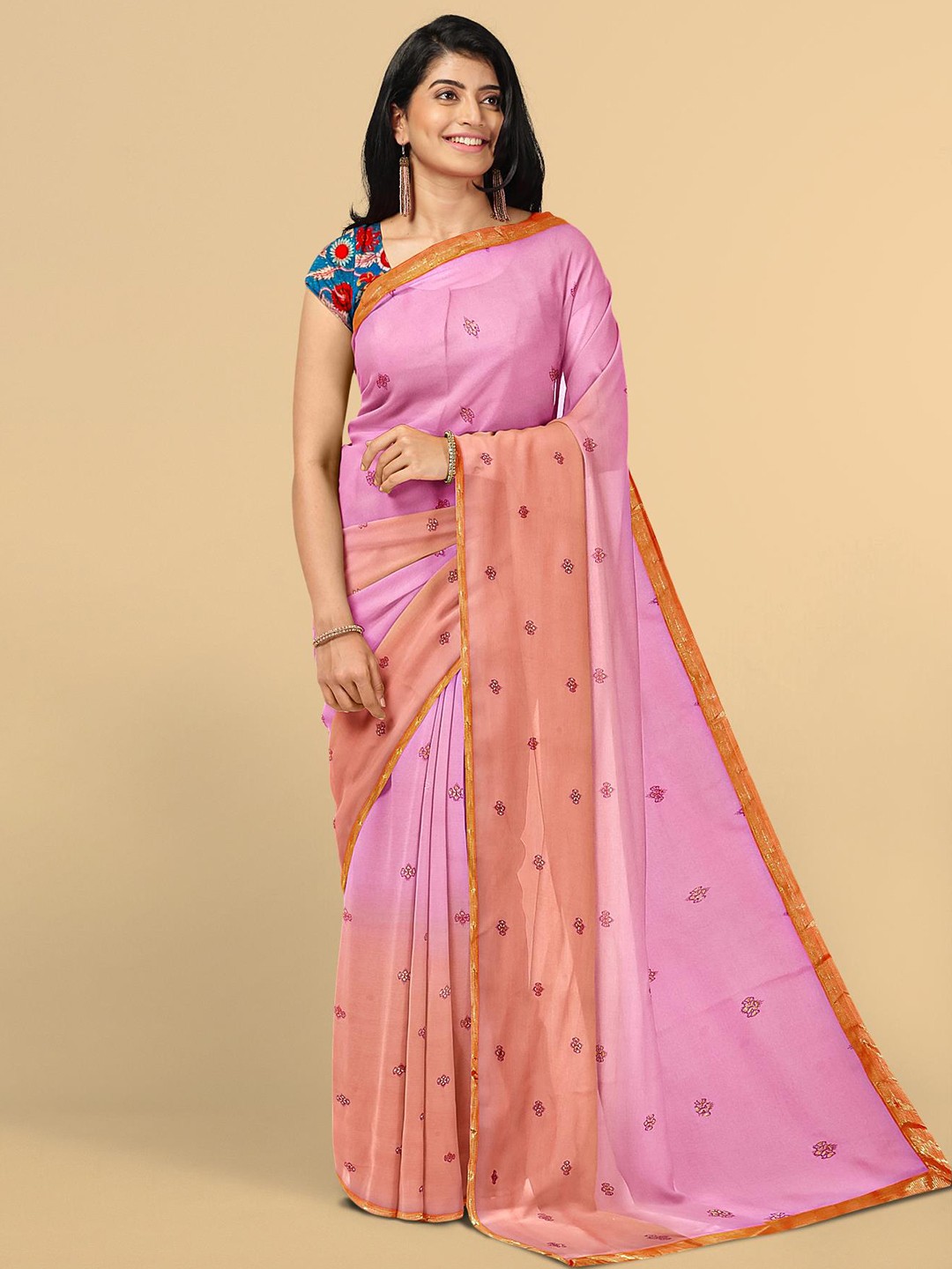

Kalamandir Pink & Orange Floral Silk Blend Saree