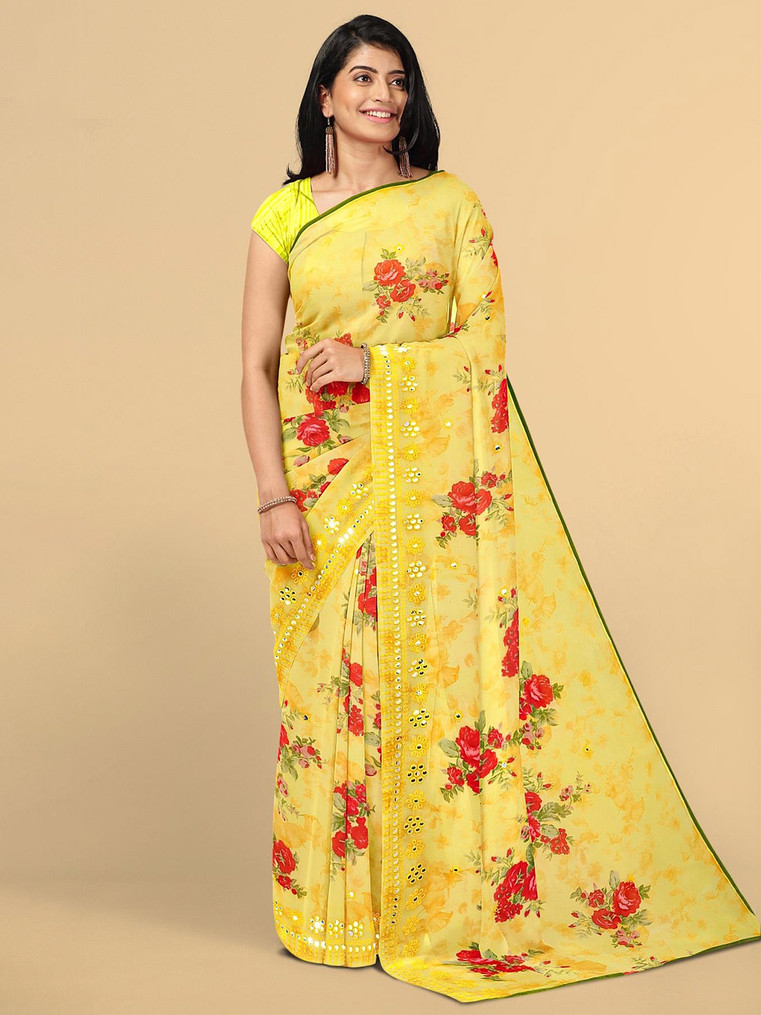 

Kalamandir Yellow & Red Floral Print Mirror Work Saree