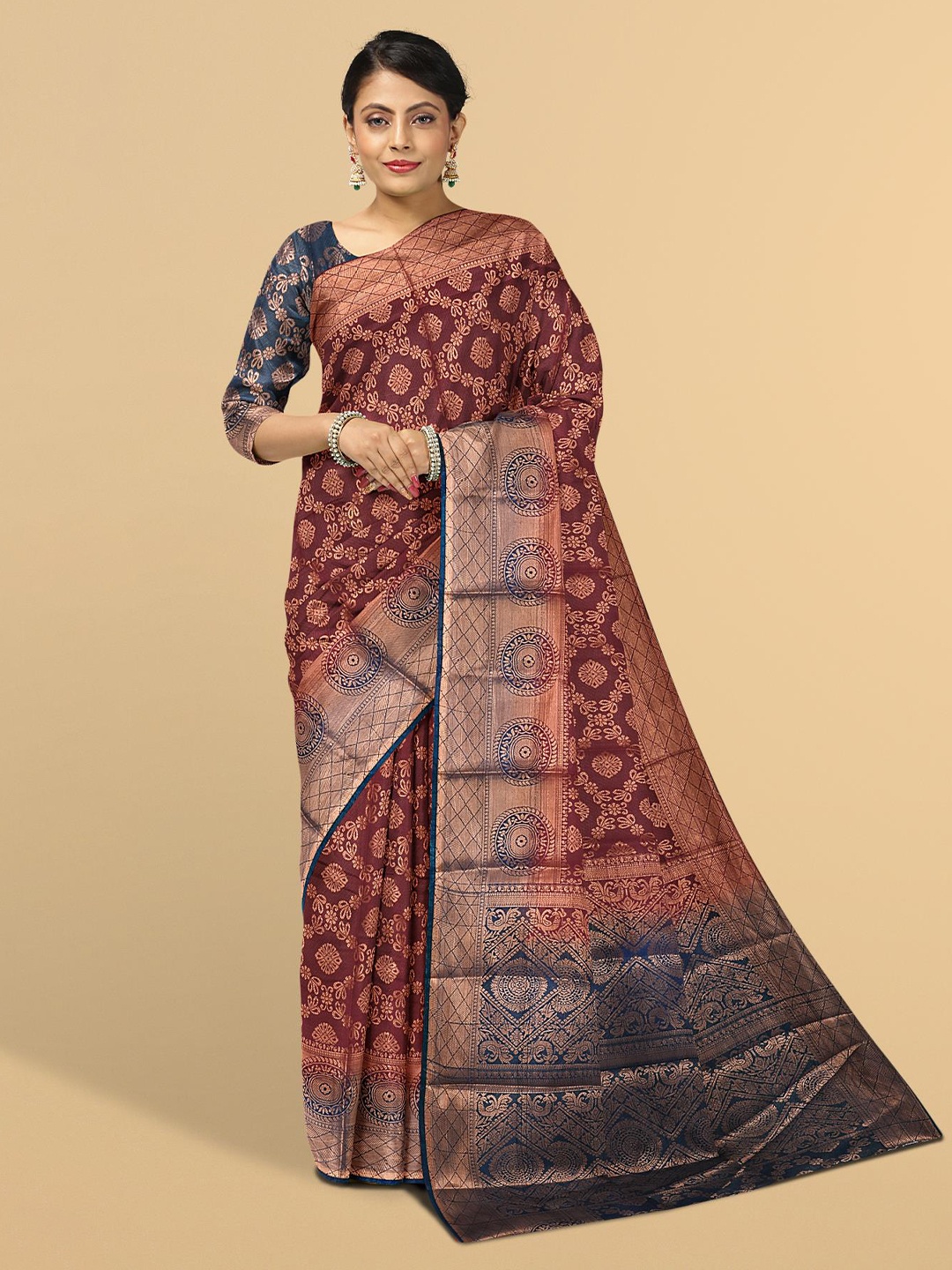 

Kalamandir Maroon & Blue Floral Print Zari Silk Blend Saree