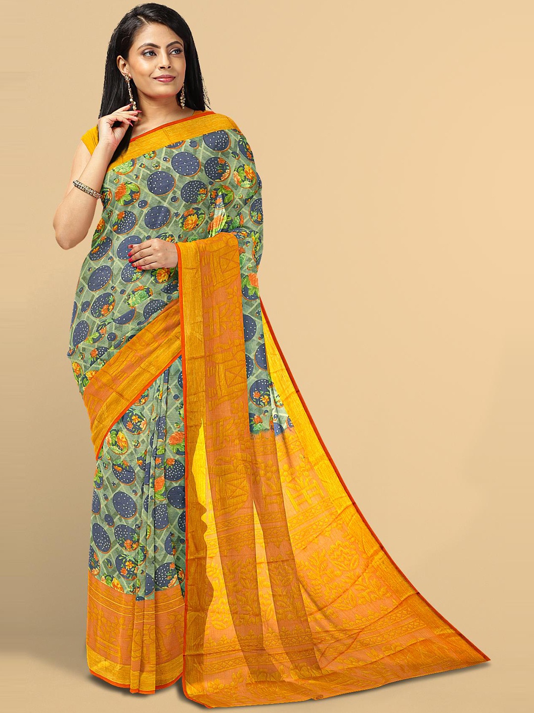 

Kalamandir Blue & Mustard Silk Blend Saree