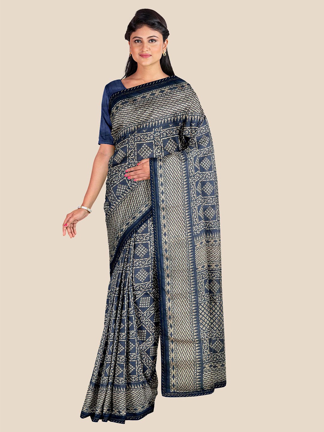 

Kalamandir Navy Blue Bandhani Silk Blend Saree