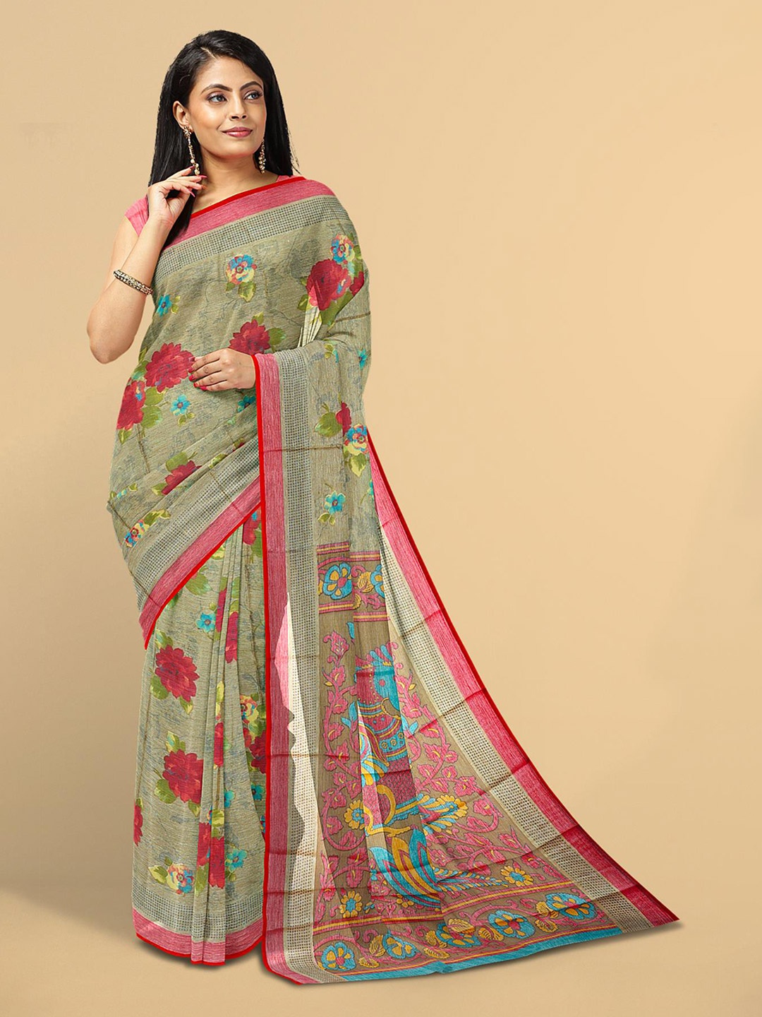 

Kalamandir Women Beige & Red Floral Silk Blend Saree