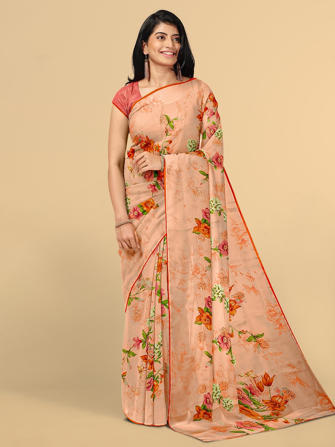 

Kalamandir Women Peach-Coloured & Orange Floral Silk Blend Saree