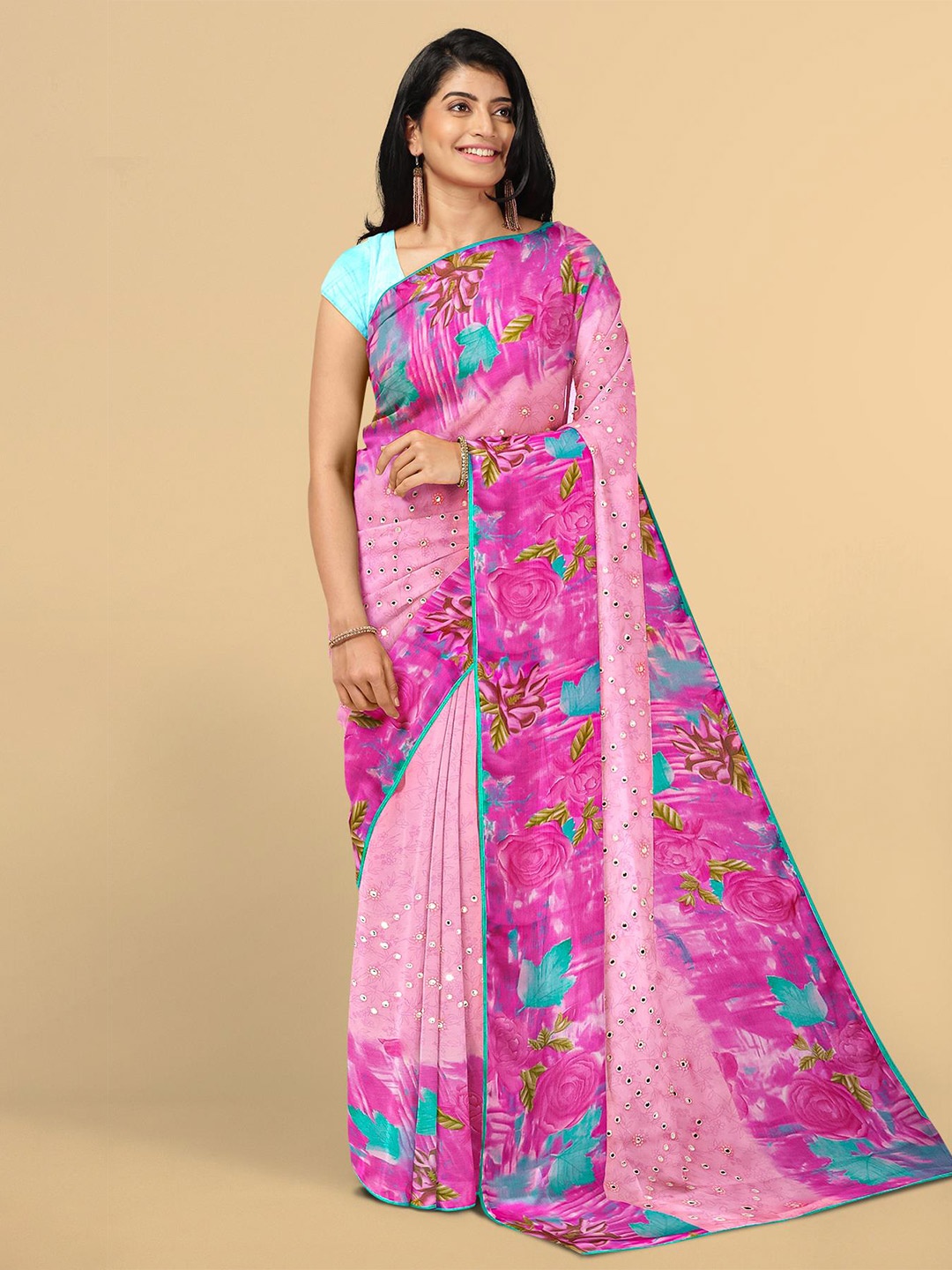 

Kalamandir Pink & Blue Floral Silk Blend Saree