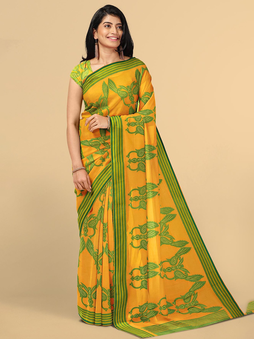 

Kalamandir Yellow & Green Paisley Silk Blend Saree