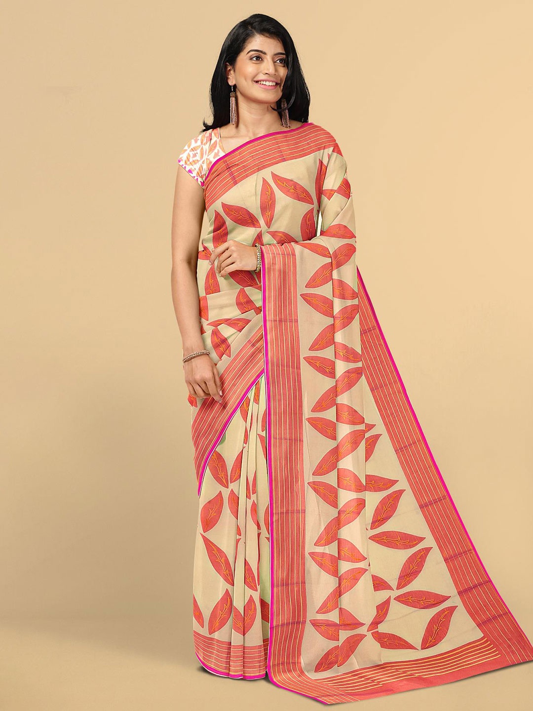 

Kalamandir Cream-Coloured & Pink Printed Silk Blend Saree