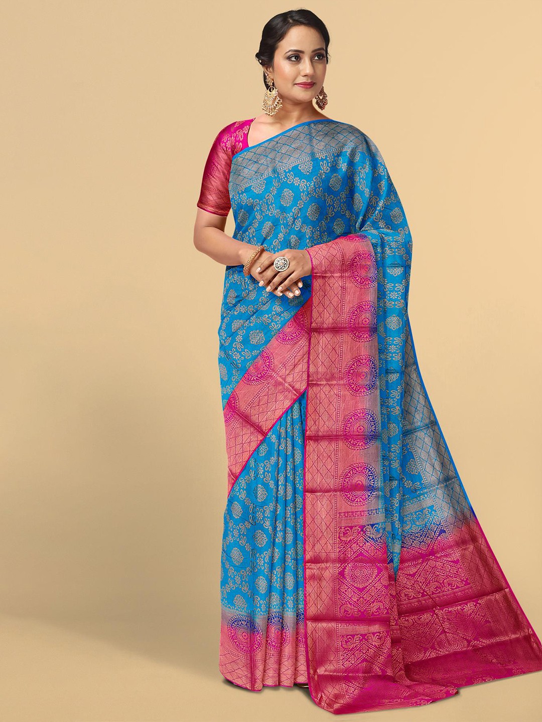 

Kalamandir Blue & Pink Woven Design Silk Blend Saree