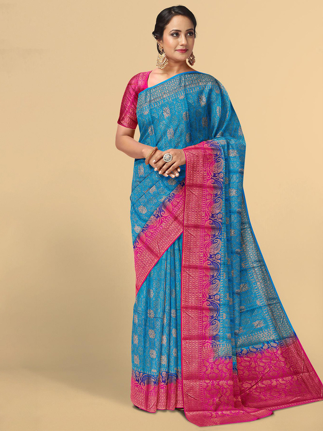 

Kalamandir Blue & Pink Woven Design Zari Silk Blend Saree With Unstitched Blouse Piece