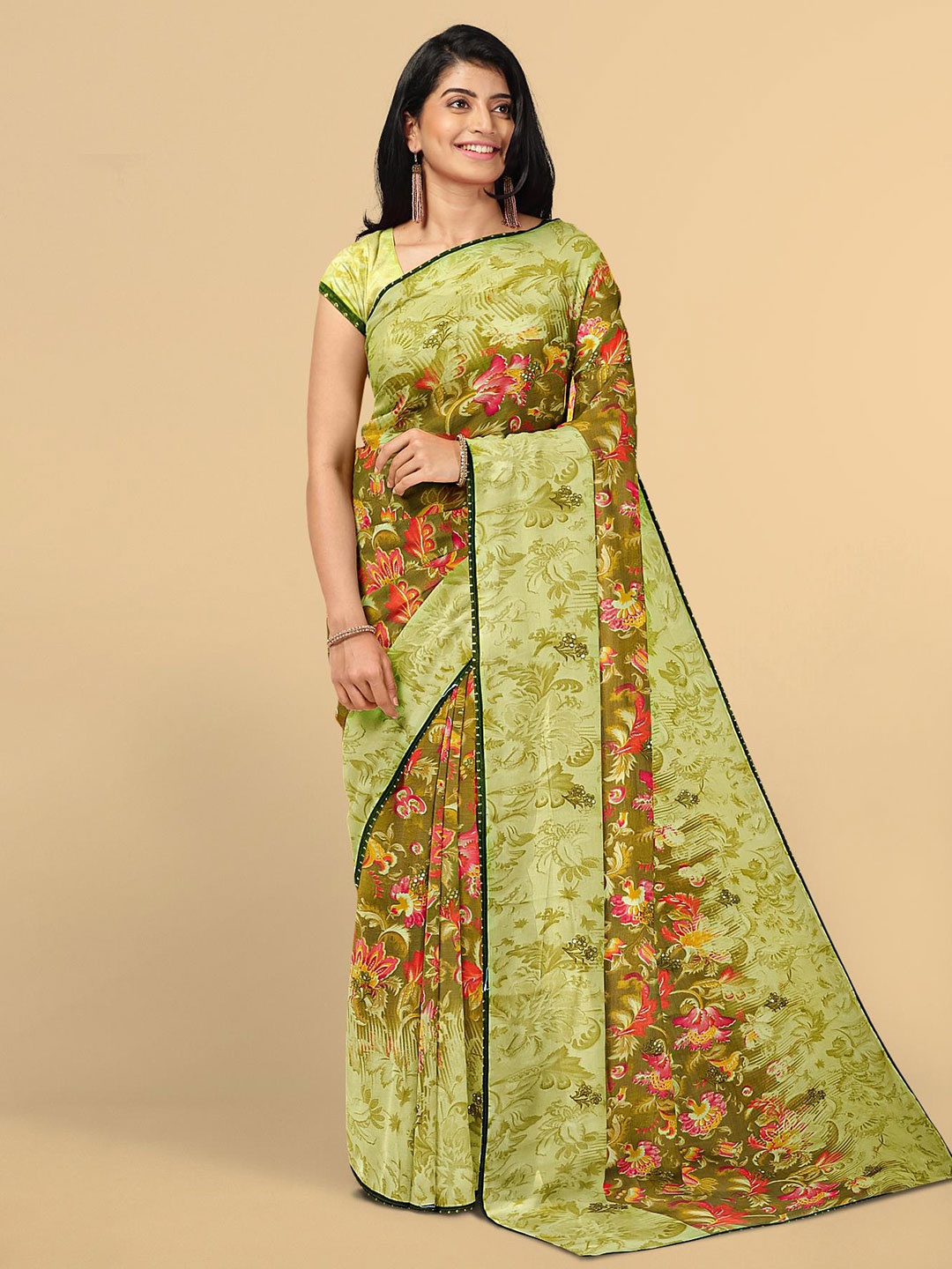 

Kalamandir Green & Orange Floral Silk Blend Saree