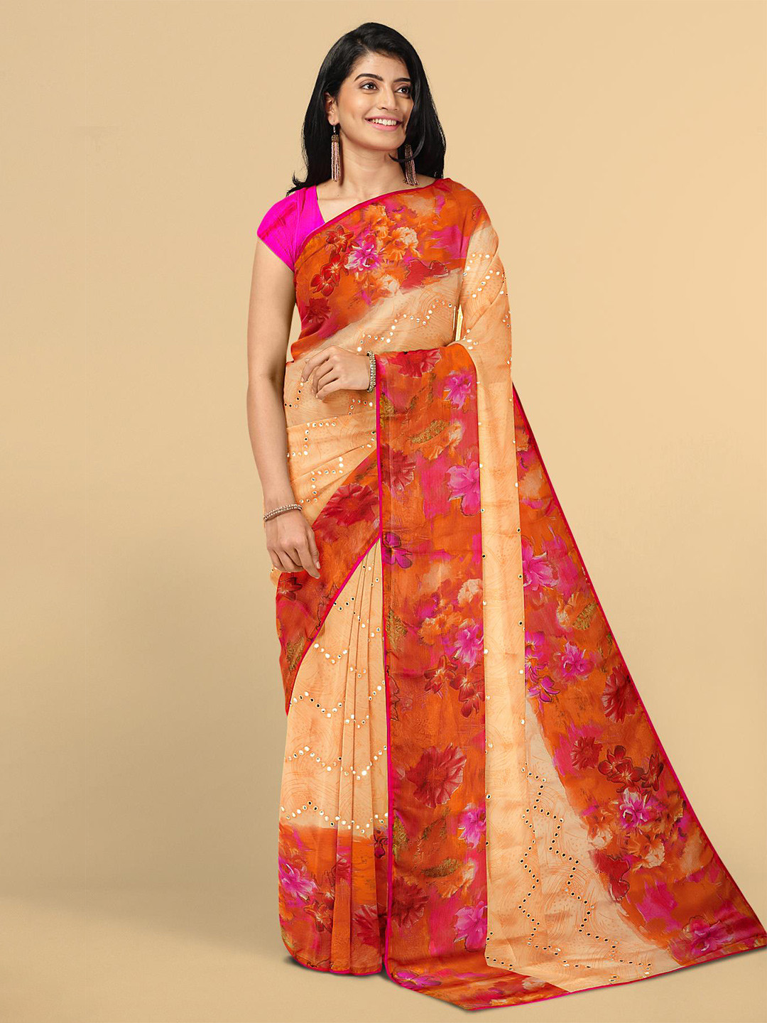 

Kalamandir Orange & Red Floral Silk Blend Saree